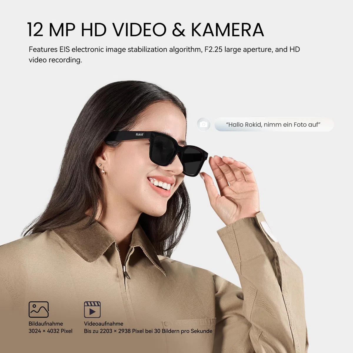 Rokid AI Glasses Style (ohne Display), Smart KI-Brille mit Gemini & ChatGPT, 12MP Kamera, Intelligente Brille mit Open-Ear Audio, Sprachsteuerung, Freisprechfunktion für Reisen & Business