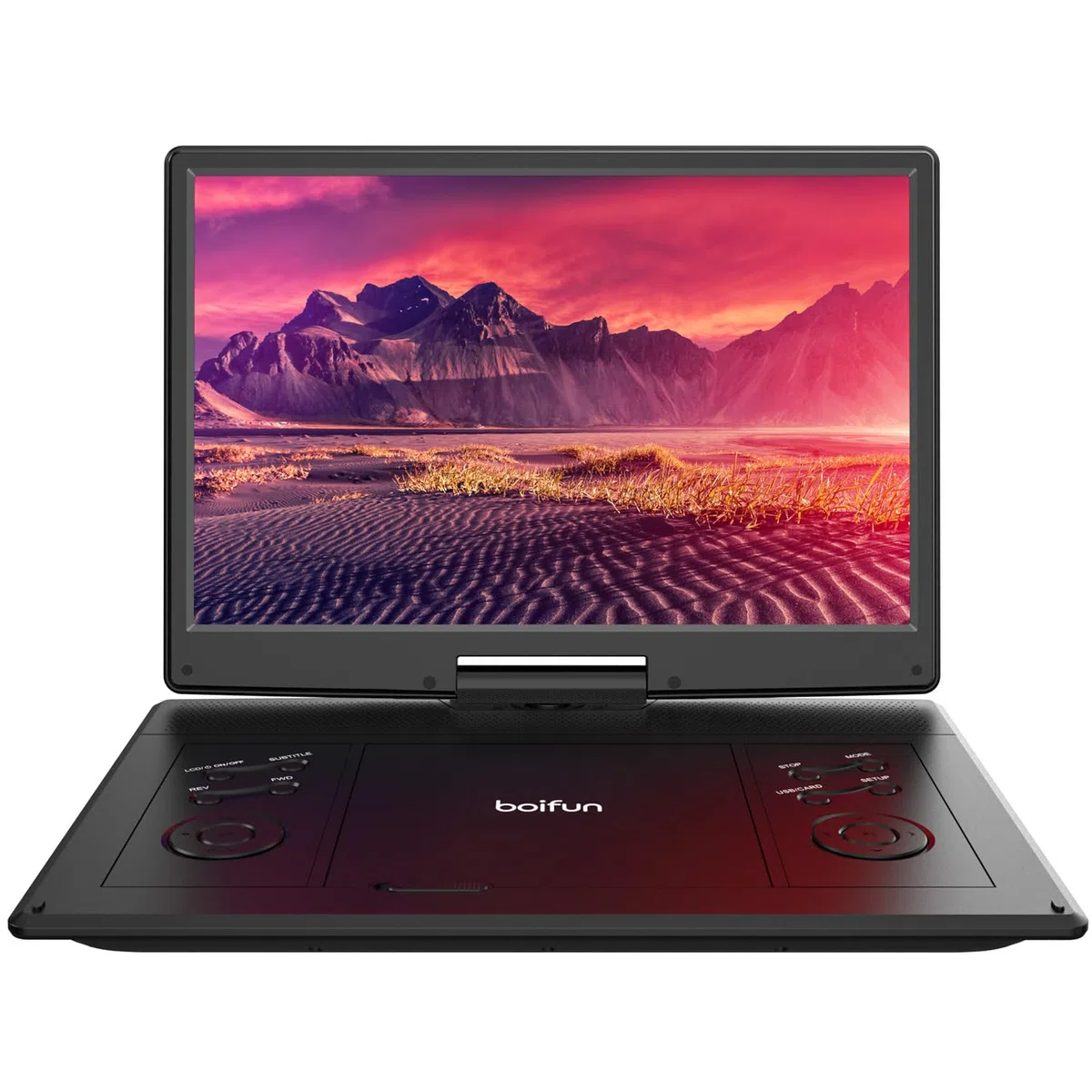 Boifun 15,7 Zoll tragbarer DVD-Player mit 14,1 Zoll HD-Bildschirm, 6 Stunden Akkulaufzeit, unterstützt USB/SD-Karten/TV-Synchronisation und mehrere Disc-Formate, Dual-Lautsprecher, Schwarz