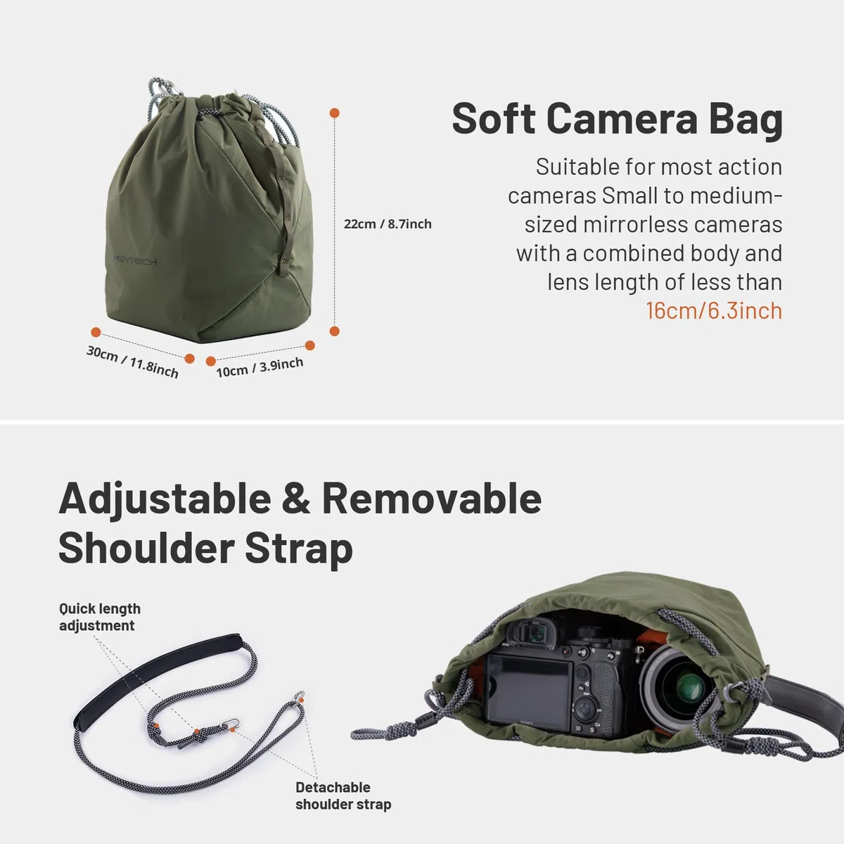 PGYTECH OneGo Kameratasche Beutel mit Kordelzug, Strassenfotografie Stylische Weiche Handetasche Schultertaschen Kompatibel mit Spiegellose Kamera Nikon/Canon/Sony/Fuji/DJI Osmo Pocket 4/3, Grün
