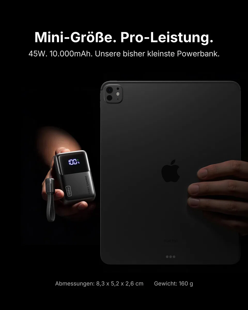 INIU Power Bank, Ultra Mini 45W Schnellladen 10000mAh Powerbank mit Angebrachtem USB C Kabel, Flugtauglich Externe Handyakkus, Reise-Essential für iPhone 17 16 Pro, Samsung S25, Xiaomi, iPad etc