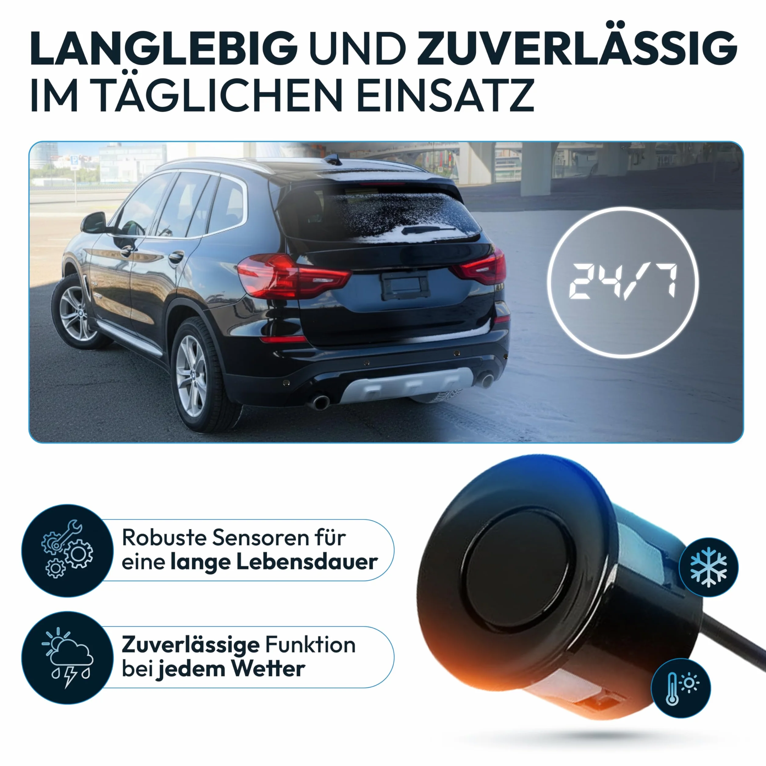 VSG24 Einparkhilfe Set hinten mit 4 Sensoren – robuste PDC Parkhilfe für Auto, SUV & Transporter – akustischer Rückfahrwarner, 30–150 cm Reichweite – 12V Nachrüstsystem