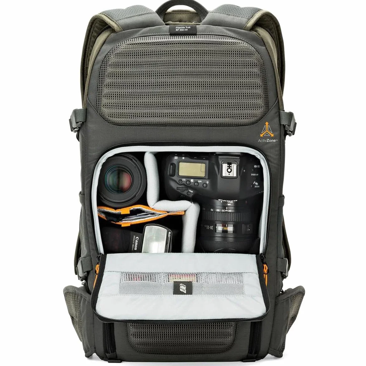 Lowepro Flipside Trek 450 Rucksack, Kamerarucksack für DSLRs und mehrere Objektive, Kamerarucksack für Laptop, Tablet, Fotozubehör, Stativ, grau, 17 x 26 x 31 cm