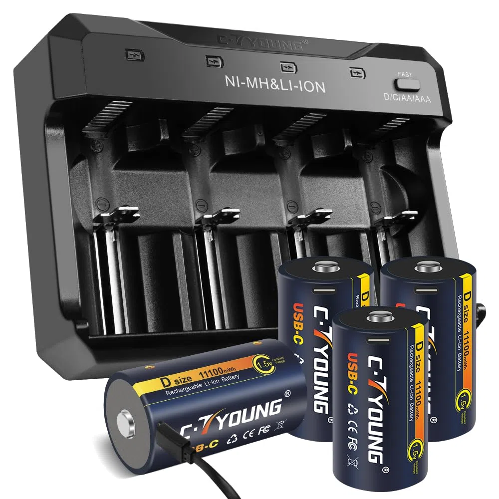 Wiederaufladbare D Batterien, 4er-Pack, 1,5V Lithium, 11000mWh | USB Typ-C Universalladegerät, Kompatibel mit AA, AAA, C, D, Hohe Kapazität