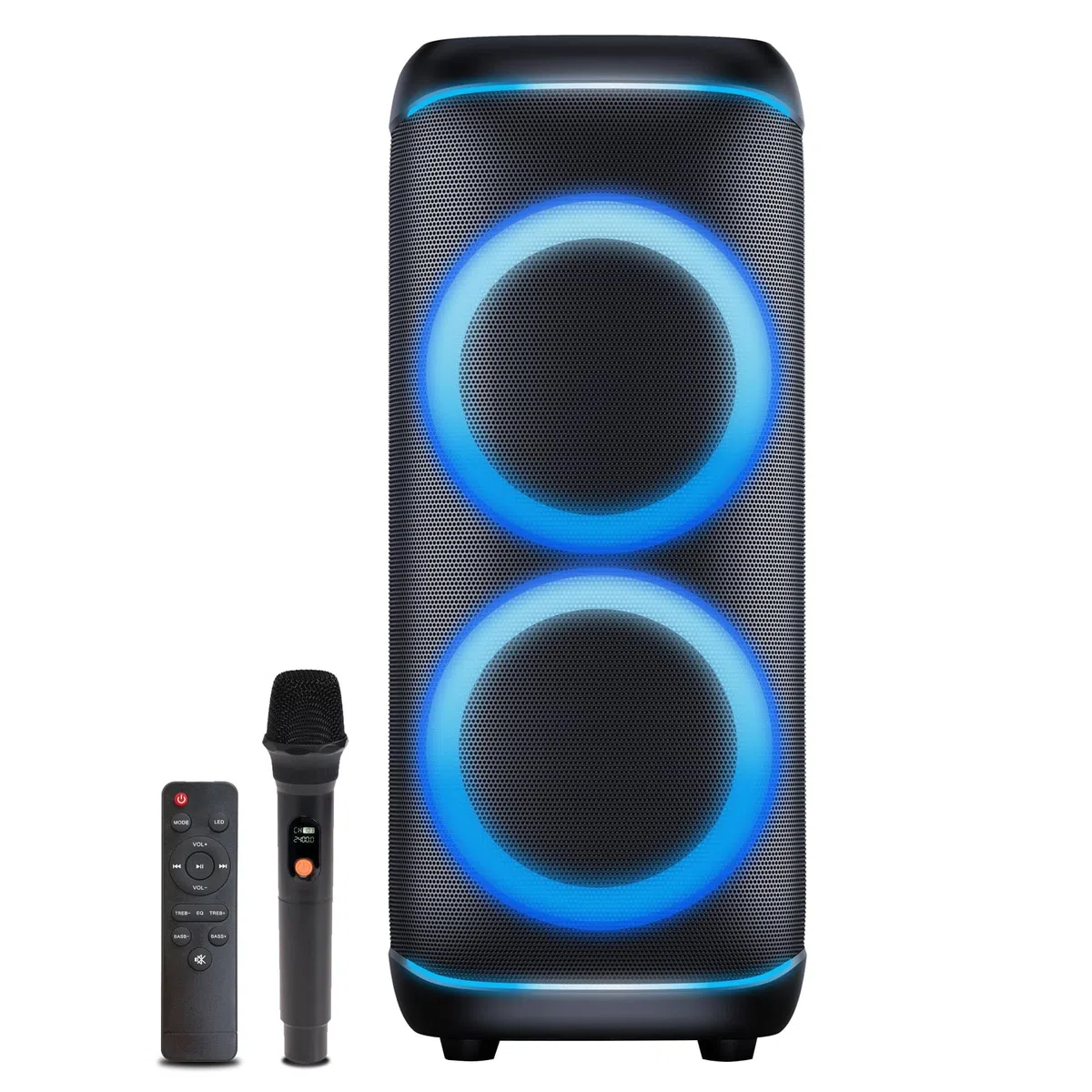Denver BPS-470 - Bluetooth Party Lautsprecher Groß 2000W mit LED RGB Licht | 2x10 Zoll Woofer, Mikrofon & Fernbedienung, TWS Stereo-Paarung, AUX/USB/MicroSD, IPX4, 6000mAh Akku mit Rollen, 85 cm