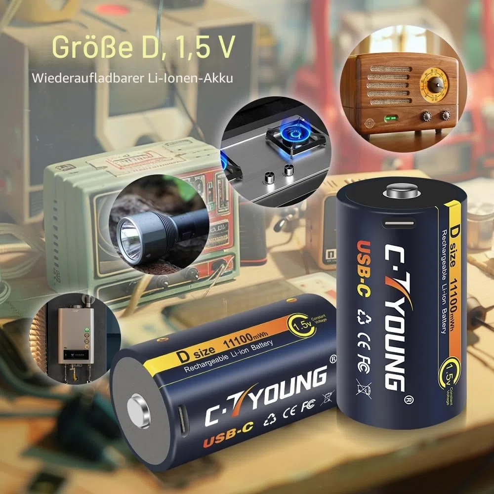 Wiederaufladbare D Batterien, 4er-Pack, 1,5V Lithium, 11000mWh | USB Typ-C Universalladegerät, Kompatibel mit AA, AAA, C, D, Hohe Kapazität