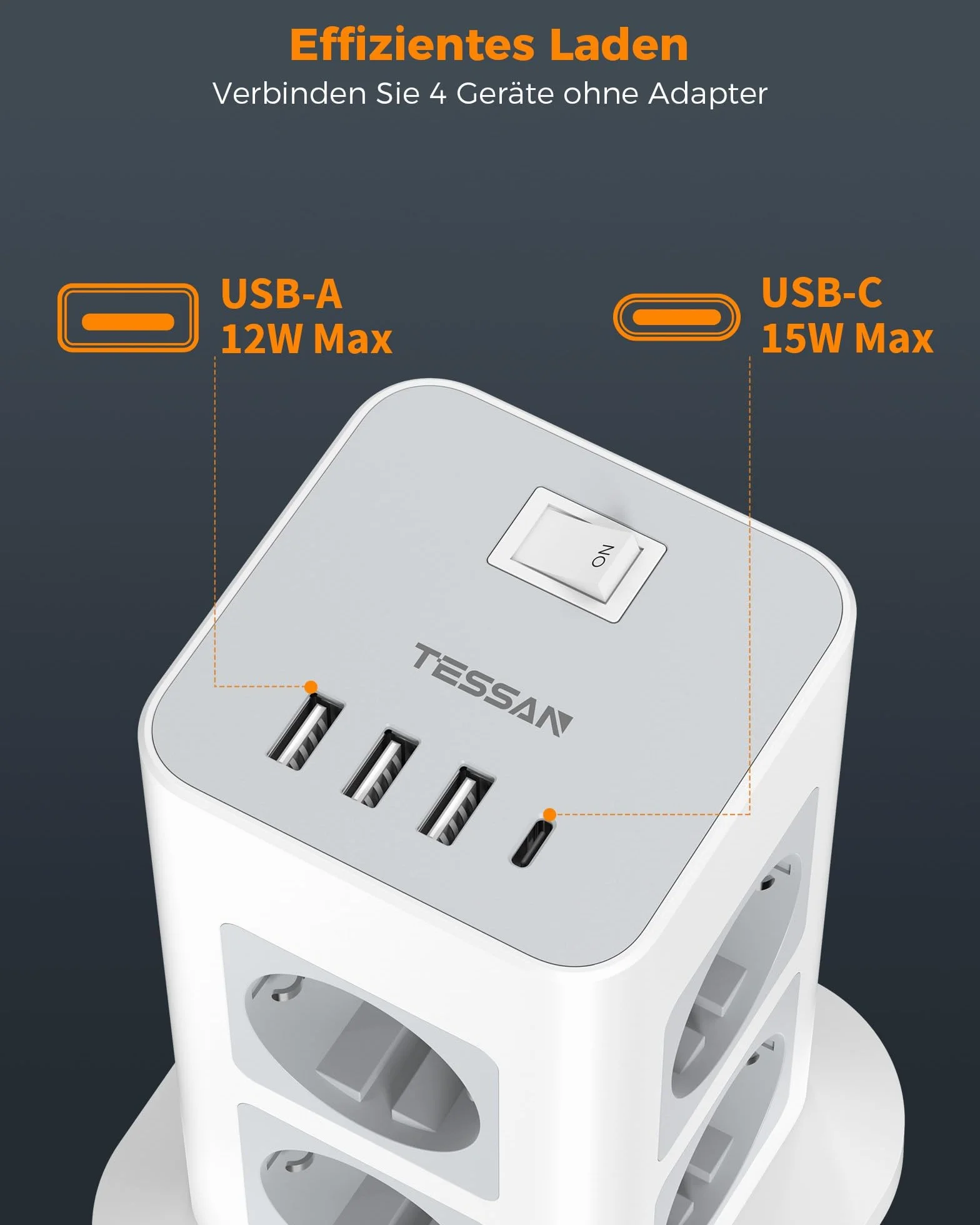 TESSAN 8 Fach Mehrfachsteckdose mit USB C, Verlängerungskabel 5M mit 4 USB und Steckdosenleiste Überspannungsschutz, 3600W Steckdosenturm mit Schalter, Steckdosenwürfel für Büro, Grau
