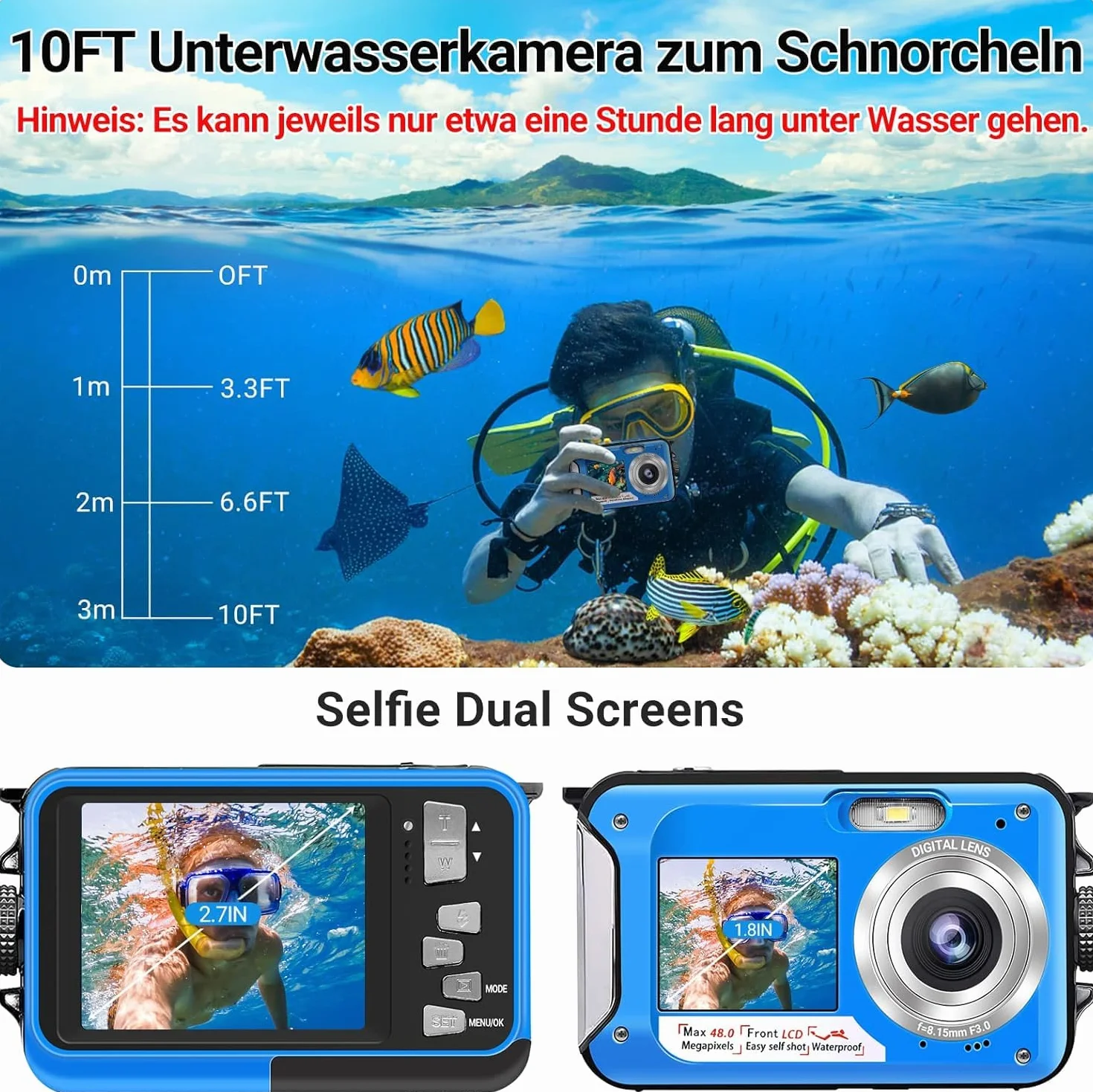 Unterwasserkamera Full HD 2.7K 48MP 10FT Kamera Wasserdicht Dual Screen 16X Digital Zoom Schnorcheln wasserdichte Digitalkamera fü r Selbstauslöser Unterwasser, Schwimmen, Urlaub