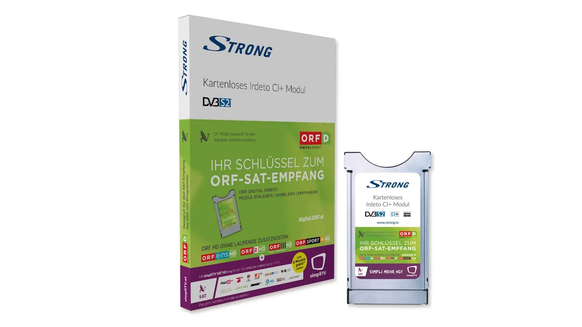 STRONG Kartenloses CI+ Modul, Irdeto CI Modul ORF DIGITAL DIREKT und simpliTV SAT (CAM HDTV, Free-to-Air, DVB-S2) nur für Österreich geeignet, Irdeto Cardless CI+ CAM, Silber