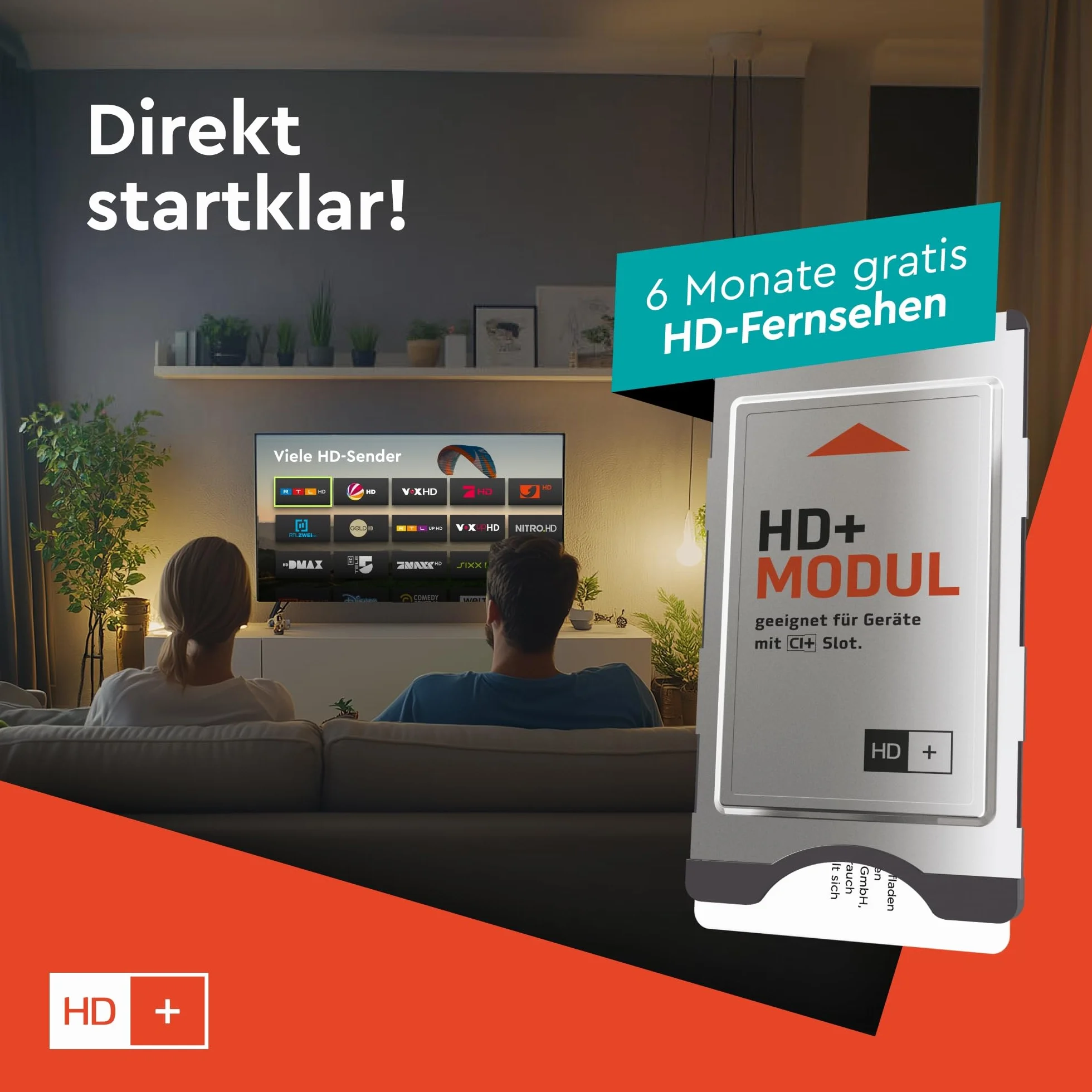 HD+ Modul für Satelliten-TV CI+ | inklusive 6 Monate HD+ Sender-Paket | 25 Private HD-Sender, 3 UHD-Sender, 70 frei empfangbare Programme | kein ABO | kompatibel mit Fernseher oder Sat-Receiver