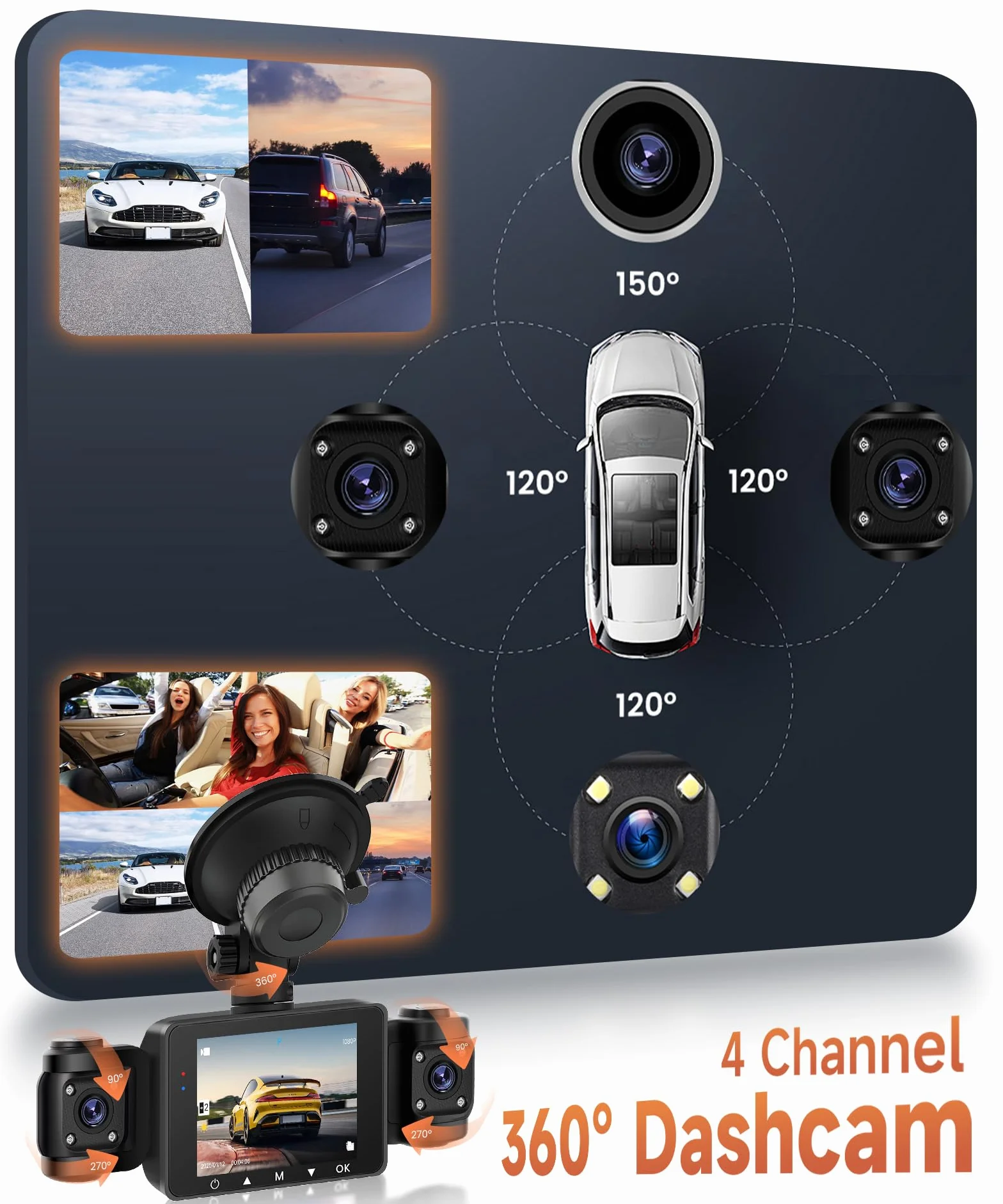 4 Kanal Dashcam Auto 360°, mit 4 x Kamera FHD 1080P Vorne und Hinten Links Rechts, 2.4 Zoll 1080P Dash Kamera Autokamera mit IR Nachtsicht/Loop Video/24H Parküberwachung/G-Sensor/Einparkhilfe