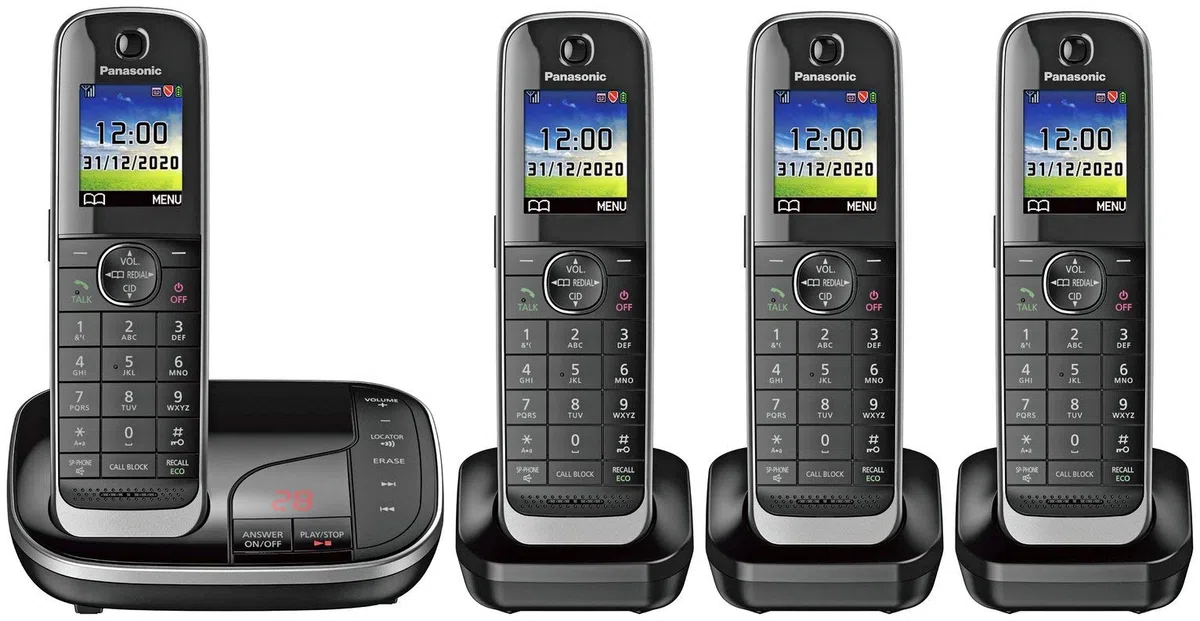 Panasonic KX TGJ424EB Festnetztelefon schnurlos, Haustelefone, Automatischer Anrufblocker, Anrufbeantworter, Farbdisplay, Vier Mobilteile schwarz