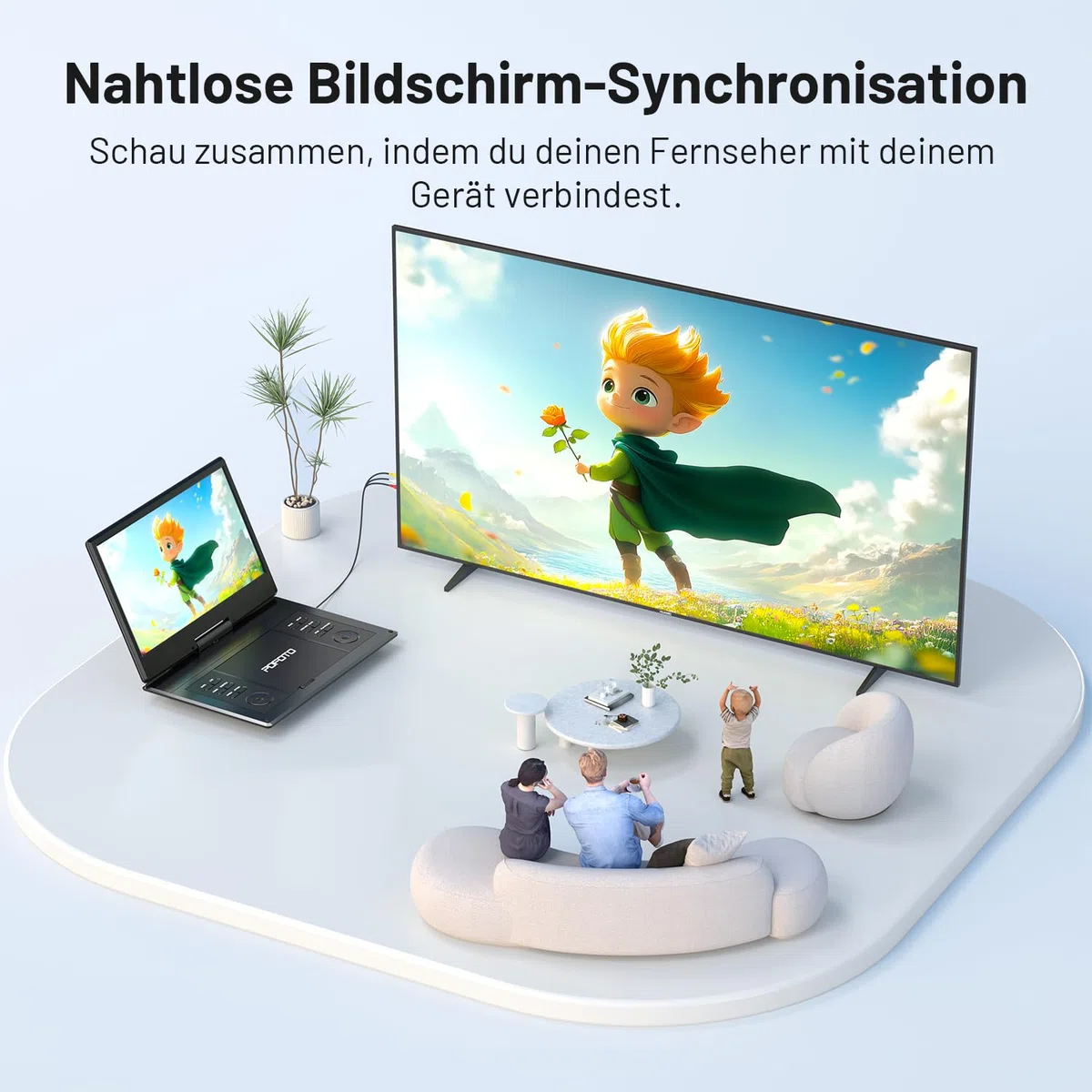 POFOTO 15,7" Tragbarer DVD-Player mit 14,1" HD-Schwenkdisplay, 6h Akkulaufzeit, Zonenfrei, Unterstützt Mehrere Formate/SD/USB, TV/Beamer-Anschluss, Stereo-Lautsprecher, Speicherfunktion, Schwarz