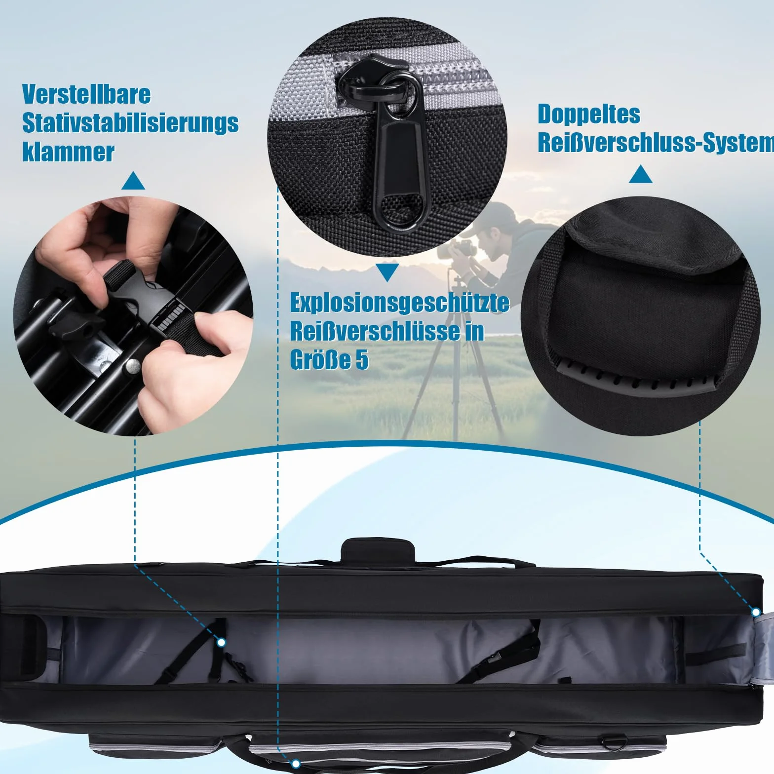 OUUTMEE 50.8" Stativtasche, Fotostativtasche mit Herausnehmbaren, Gepolsterten Trennwänden, Lichtstativtasche mit stoßfester, für Kamerastative, Einbeinstative, Lautsprecherständer und Zubehör