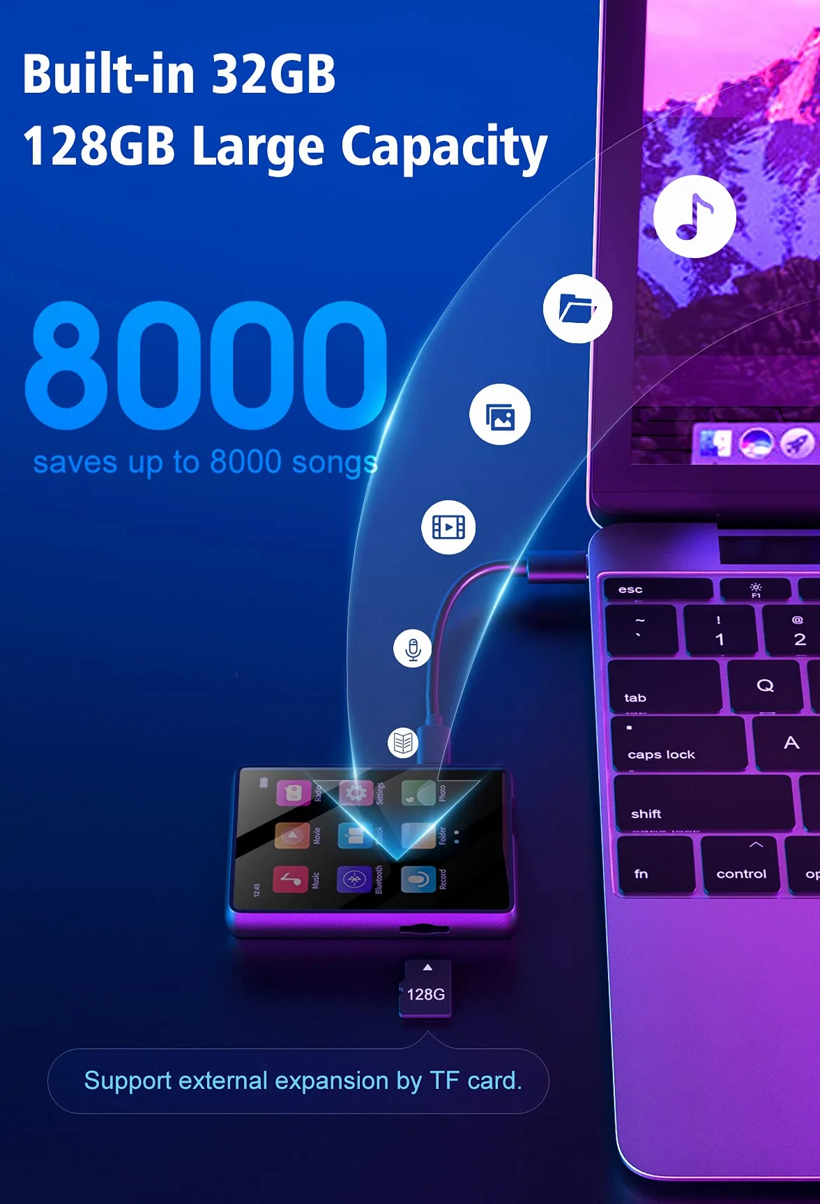 MECHEN MP3 Player Bluetooth, Tragbare 32GB MP3-Player mit Lautsprecher, USB C, FM Radio, Aufnahme, Hi-Fi Sound, Lange Akkulaufzeit, Erweiterbarer Speicher