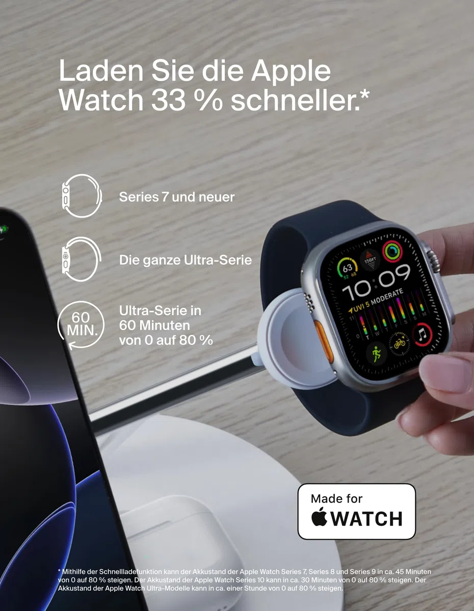 Belkin BoostCharge Pro 3-in-1 Qi2 Kabelloses Ladegerät, MagSafe-Kompatibles Ladegerät, Induktive Ladestation für die Apple iPhone 17, Air, 16, Pixelsnap, Apple Watch, AirPods, inkl. Netzteil – Weiß
