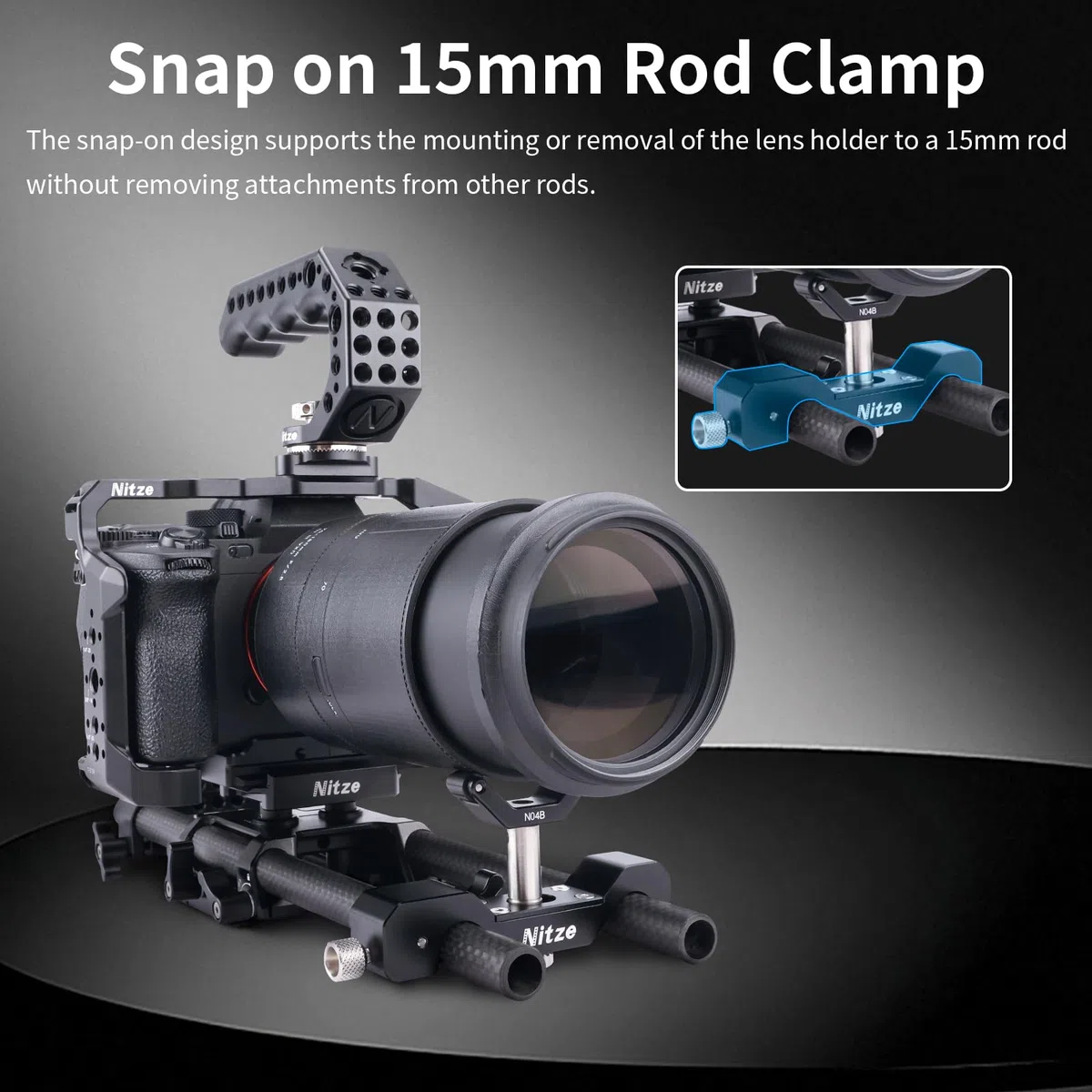 Nitze 15mm LWS Objektivhalterung, Universal Lens Support mit rollbarer Y-Halterung, 1/4"-Höhenverlängerung und 1/4", 3/8", M3-Kappen, kompatibel mit schweren Langen Objektiven – N04B