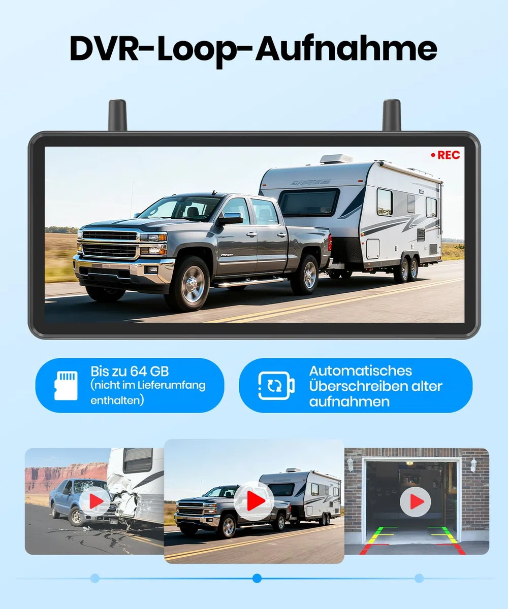AUTO-VOX Dual Solar Rückfahrkamera Kabellos 7,2" HD Split-Screen Monitor DVR-Aufnahme IP69K für Wohnmobil LKW Anhänger