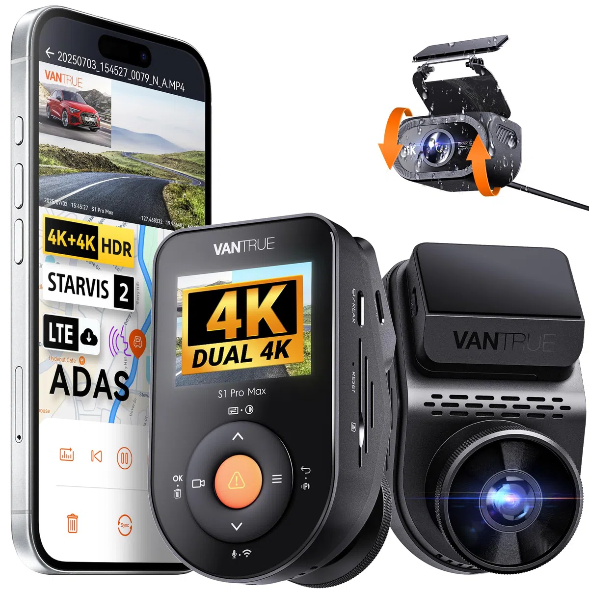 VANTRUE S1 PRO MAX 4K+4K Dashcam Auto Dual STARVIS 2 IMX678 HDR Nachtsicht Dash Cam Vorne Hinten, 5,8GHz WLAN GPS, 15S Puffer Parkmodus, DSGVO-konform, AI Auto Kamera ADAS BSD, Sprachbefehl, 1TB Max