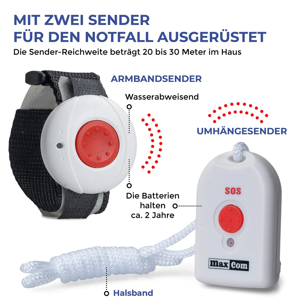 MaxCom KXTSOS: Seniorentelefon mit Funk-Notruf-Sender, schnurgebundenes Festnetztelefon mit Arm- und Halsbandsender, großen Tasten, Adapterstecker, hörgerätekompatibel