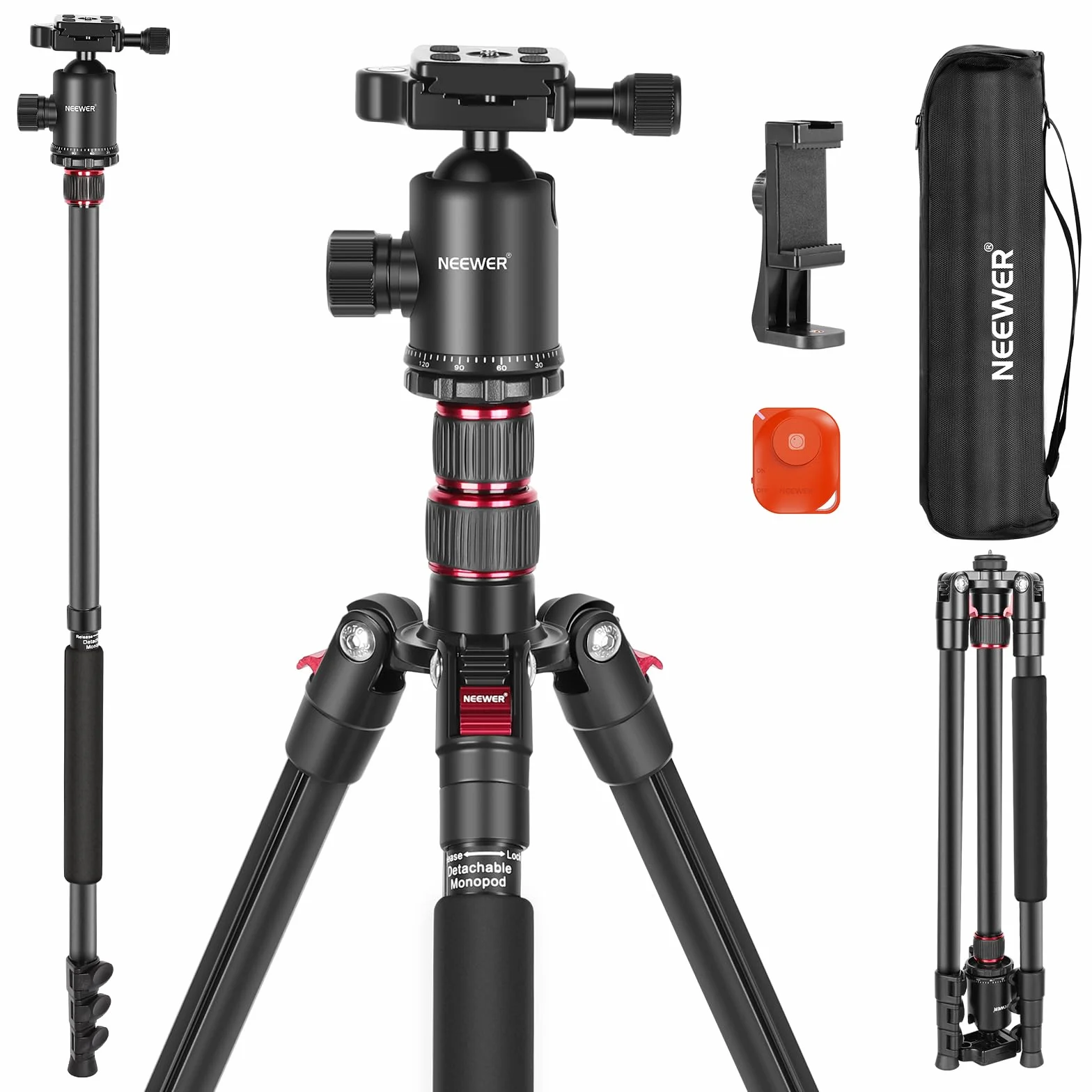 NEEWER 195,6cm Kamera Stativ Einbeinstativ mit Handyhalter, 360° Kugelkopf, Aluminium DSLR Tripod, Max 15,4kg, TP77