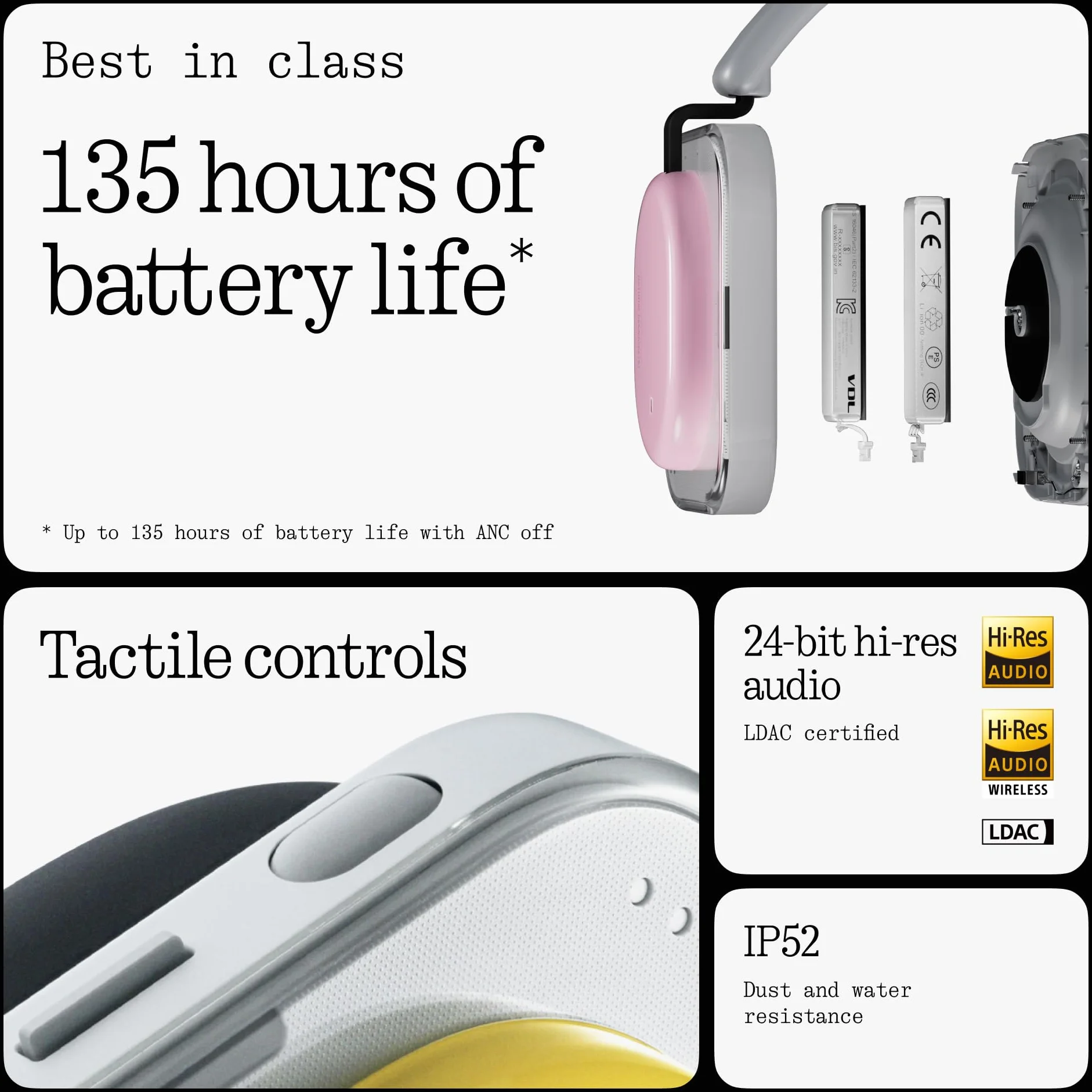 Nothing Headphone (a) Kabellose Over-Ear Kopfhörer mit ANC, bis zu 135h Akkulaufzeit, Hi-Res, LDAC, Anpassbare taktile Steuerung – Rosa