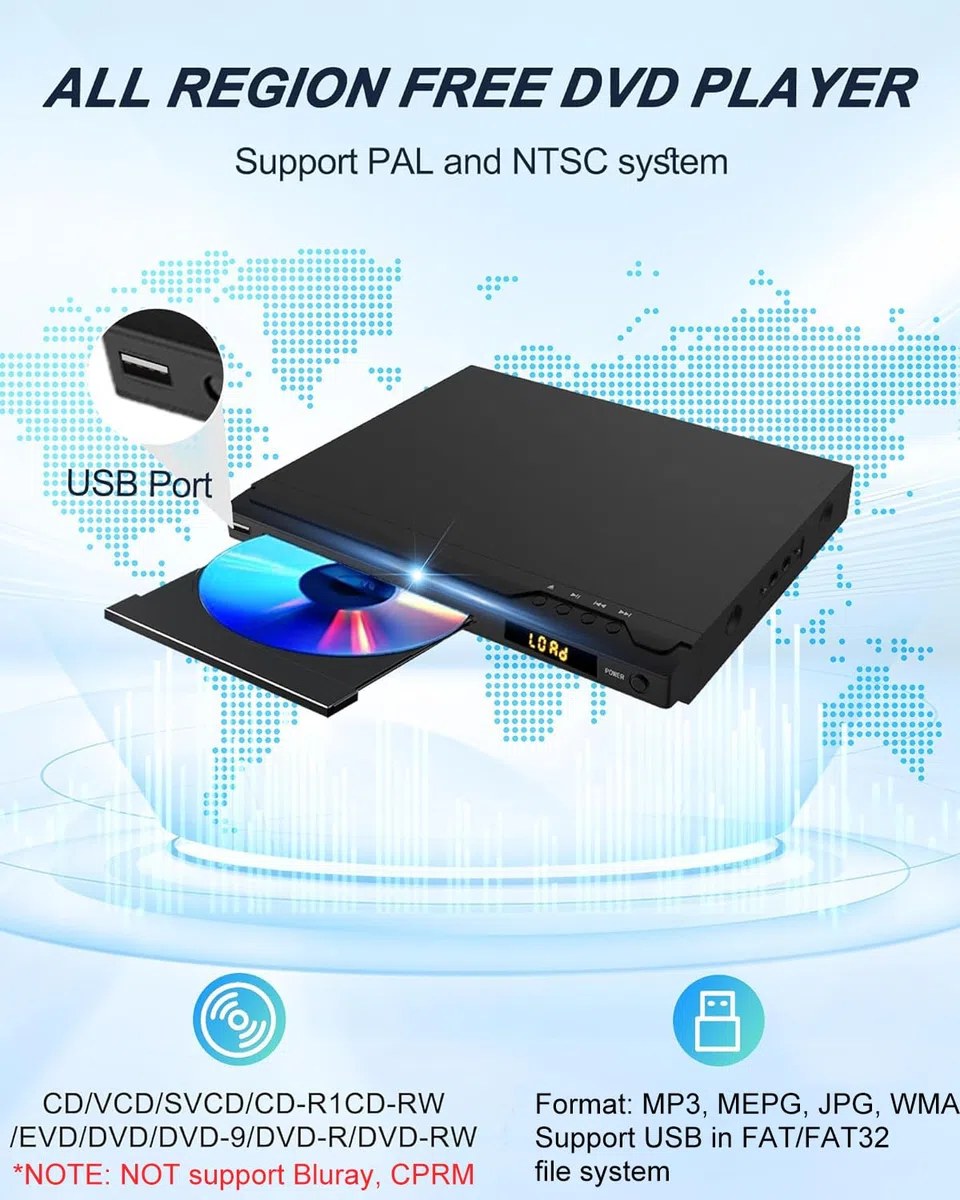 DVD Player für Fernseher 1080p HDMI DVD Players unterstützen PAL/NTSC, Multi Region Free DVDs Spieler mit Karaoke-Anschlüssen, USB-Eingang, HDMI- und AV-Kabeln