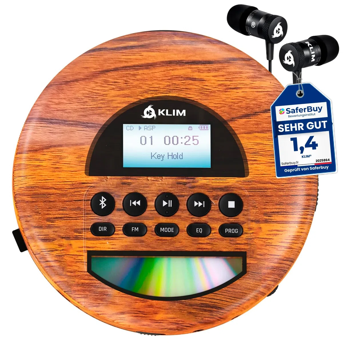 KLIM Nomad Wood – Neuheit – tragbarer CD-Player – integrierter Akku mit langer Lebensdauer – Kopfhörer KLIM Fusion, MP3, TF-Player, tragbares Mini-Radio, Bluetooth – für das Auto