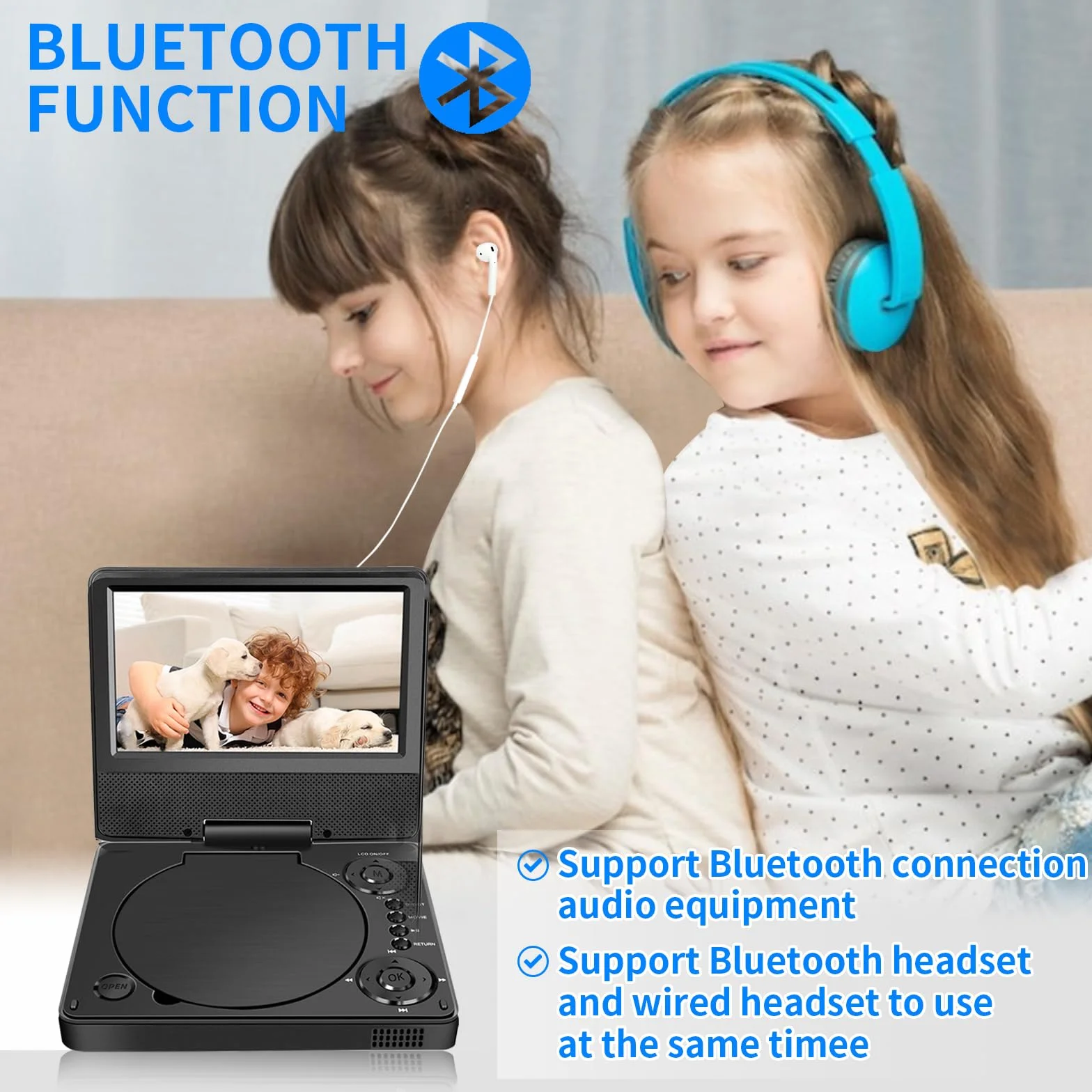 9,5" Bluetooth Tragbarer DVD Player YOOHOO mit 7,5" HD Bildschirm für Kinder,für unterwegs,Auto Fernseher für kopfstütze, alle Regionen kostenlos, Wiedergabe Aller Formate MKV/MP4/WAV/AVI/MP3/CD/1080P