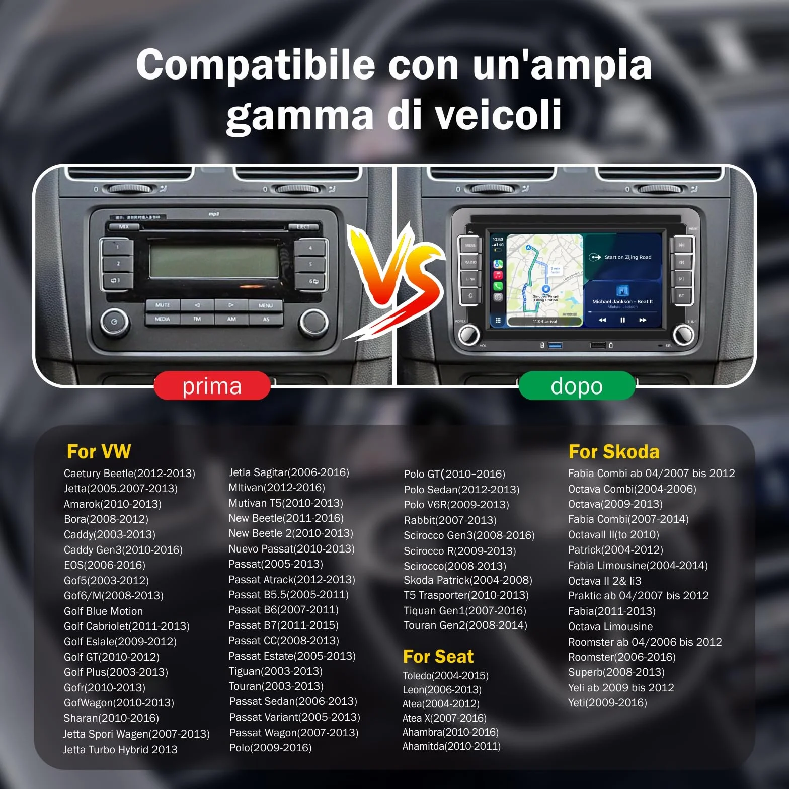 Linux Autoradio Mit Bildschirm für Golf 5 6 VW Polo 6R T5 Passat Touran Seat, 7 Zoll Wireless Carplay & Android Auto, MirrorLink, Navigation, Lenkrad Strg, DAB, SWC, Bluetooh/WLAN/FM/AM/USB/DSP/RDS