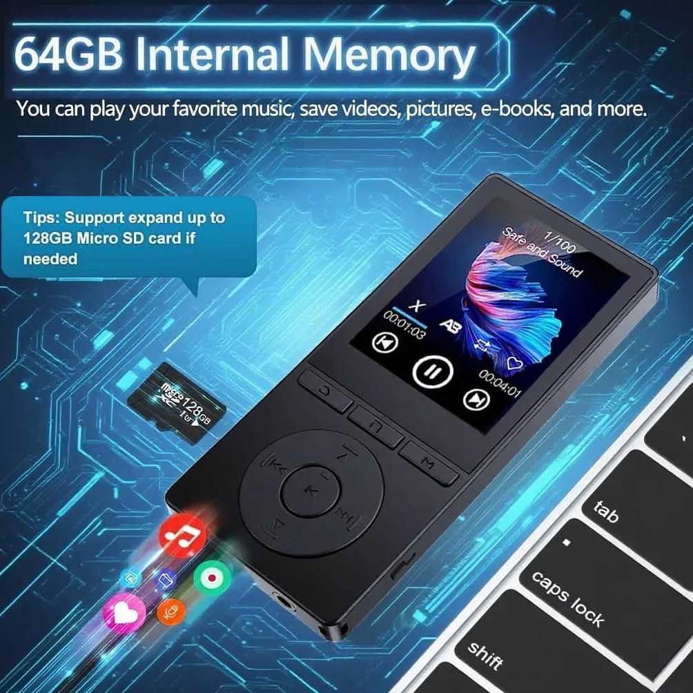 64GB MP3 Player Bluetooth 5.3, MP3 Player mit Lautsprecher, Musikwiedergabe, Sprachrekorder, E-Book, HiFi-Sound, Kopfhörer, MP3-Player Ideal für Sport, Support 128GB TF Card, Schwarz