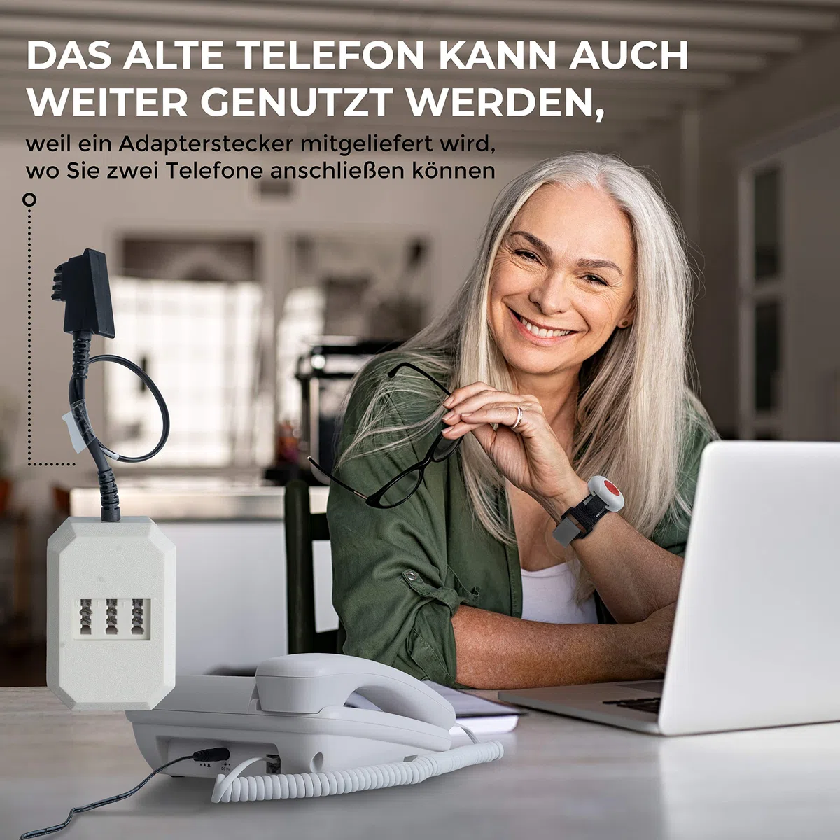 MaxCom KXTSOS: Seniorentelefon mit Funk-Notruf-Sender, schnurgebundenes Festnetztelefon mit Arm- und Halsbandsender, großen Tasten, Adapterstecker, hörgerätekompatibel