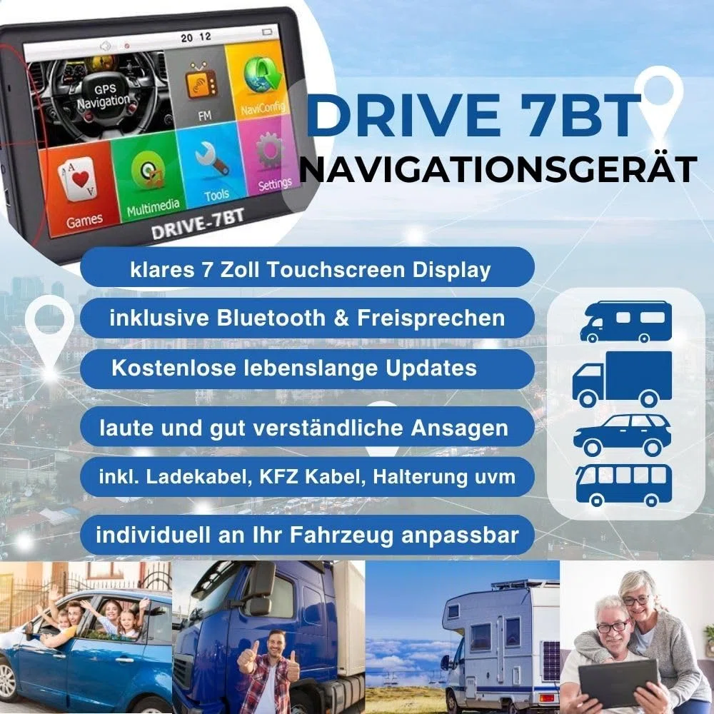 7 Zoll Navigationsgerät Drive 7BT GPS Navi mit Bluetooth für PKW LKW Wohnmobil- Freisprecheinrichtung, lebengslange Updates