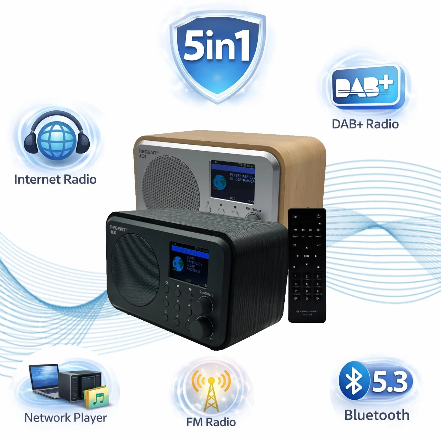 Ferguson Regent i101 Internetradio WLAN Radio mit Bluetooth FM/DAB/DAB+ Radio UKW, Radiowecker, Equalizer, Farbdisplay, USB, AUX IN, Line Out,UPnP, Sleep Timer, App-Steuerung, Fernbedienung