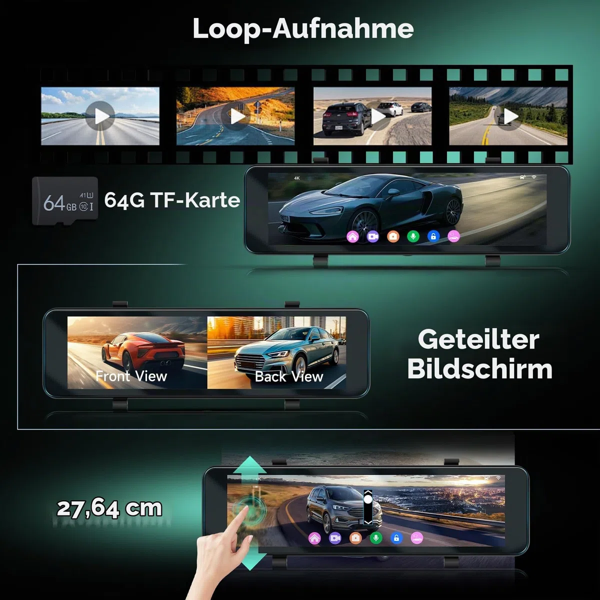 Hodozzy 4K+1080P Rückspiegel Dashcam Auto, GPS ADAS BSD WLAN & App, 10,88 Zoll Touchscreen Spiegel Dash Cam Vorne und Hinten mit Rückfahrkamera, Parkmodus, G-Sensor, Loop, Nachtsicht, 64GB TF Karte