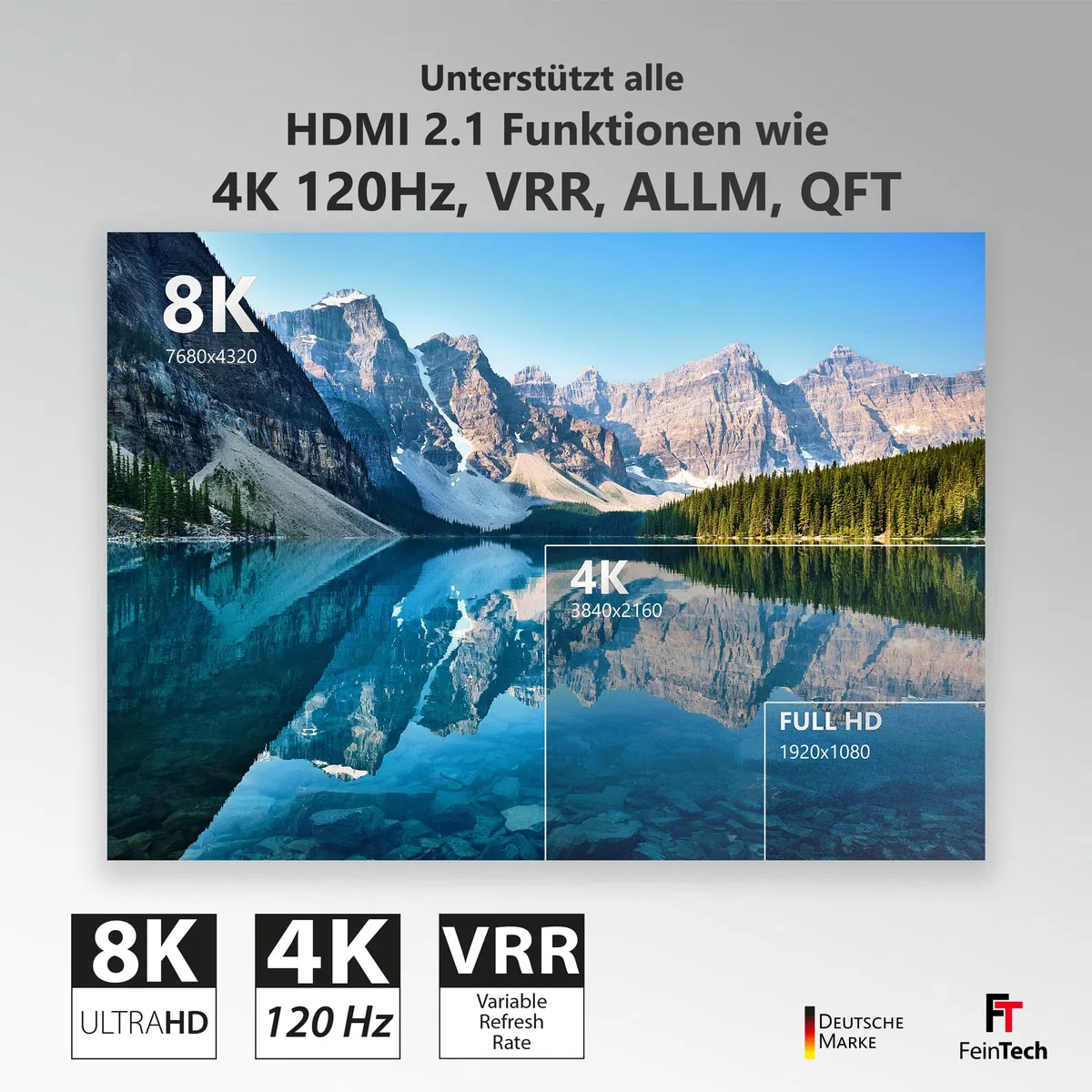 FeinTech SW211 HDMI 2.1 Switch 4k 120Hz 2 in 1 Out oder 1 in 2 umschaltbare Ausgänge (bidirektional) mit integriertem HDMI-Kabel, 8K, 48Gbps, unterstützt HDR, VRR, ALLM und Dolby Vision