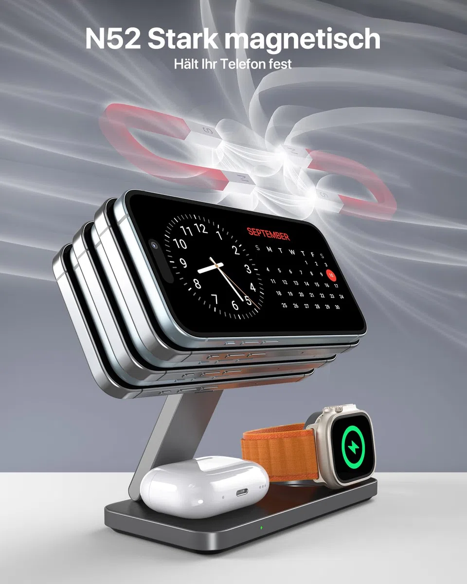 Induktive Ladestation Kompatibel mit Magsafe Ladegerät,QTlier 3 in 1 iPhone Ladestation für Air 17/16/15/14/13/12 Serie,20W Wireless Charger für Apple Watch 10/9/8/7/6/5/4/3 und AirPods (Tief Schwarz)