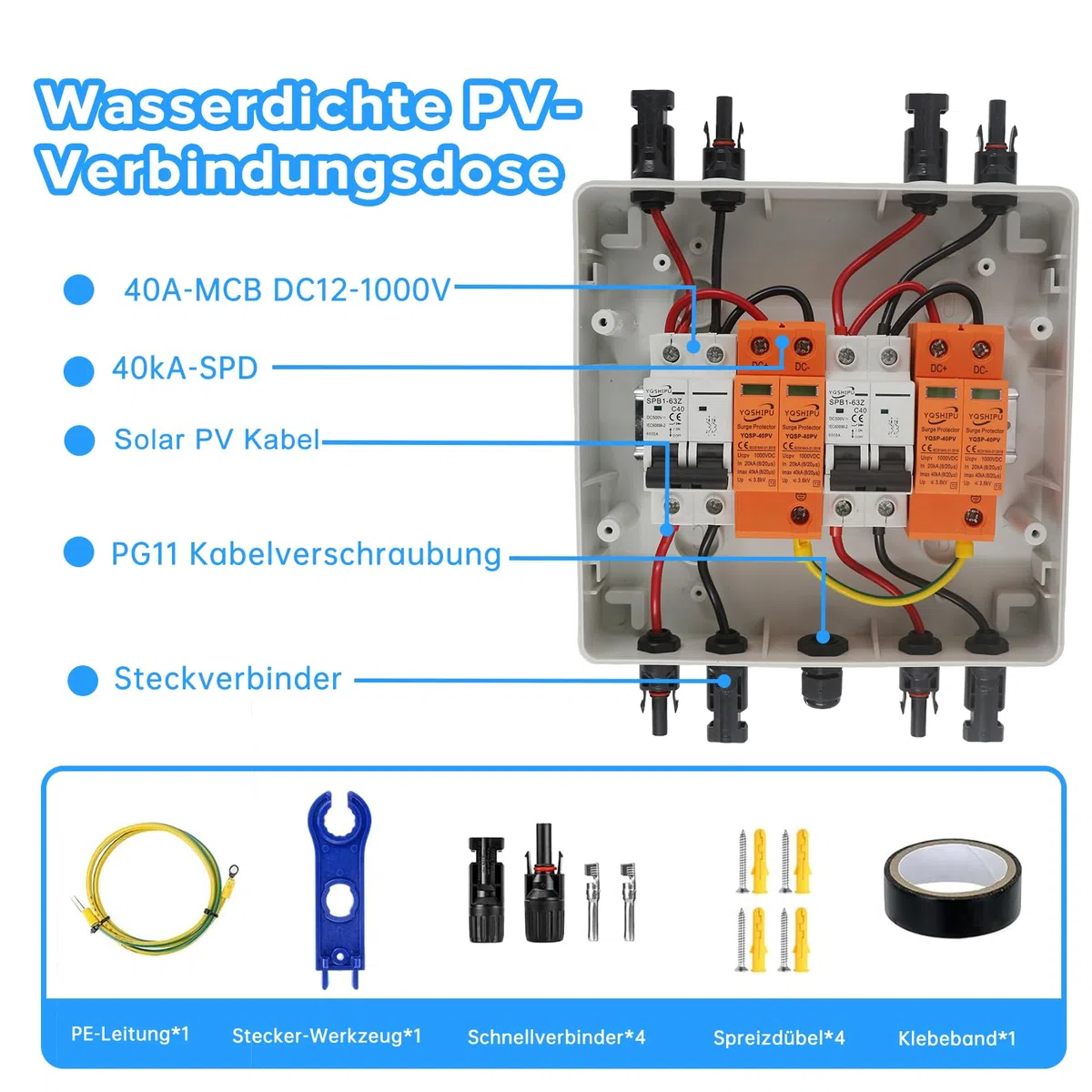 Überspannungsschutz PV, DC 40A/1000V Trennschalter, Blitzschutz Leitungsschutzschalter(2 in 2 Out), Solar PV Anschlusskasten IP65 Wasserdicht