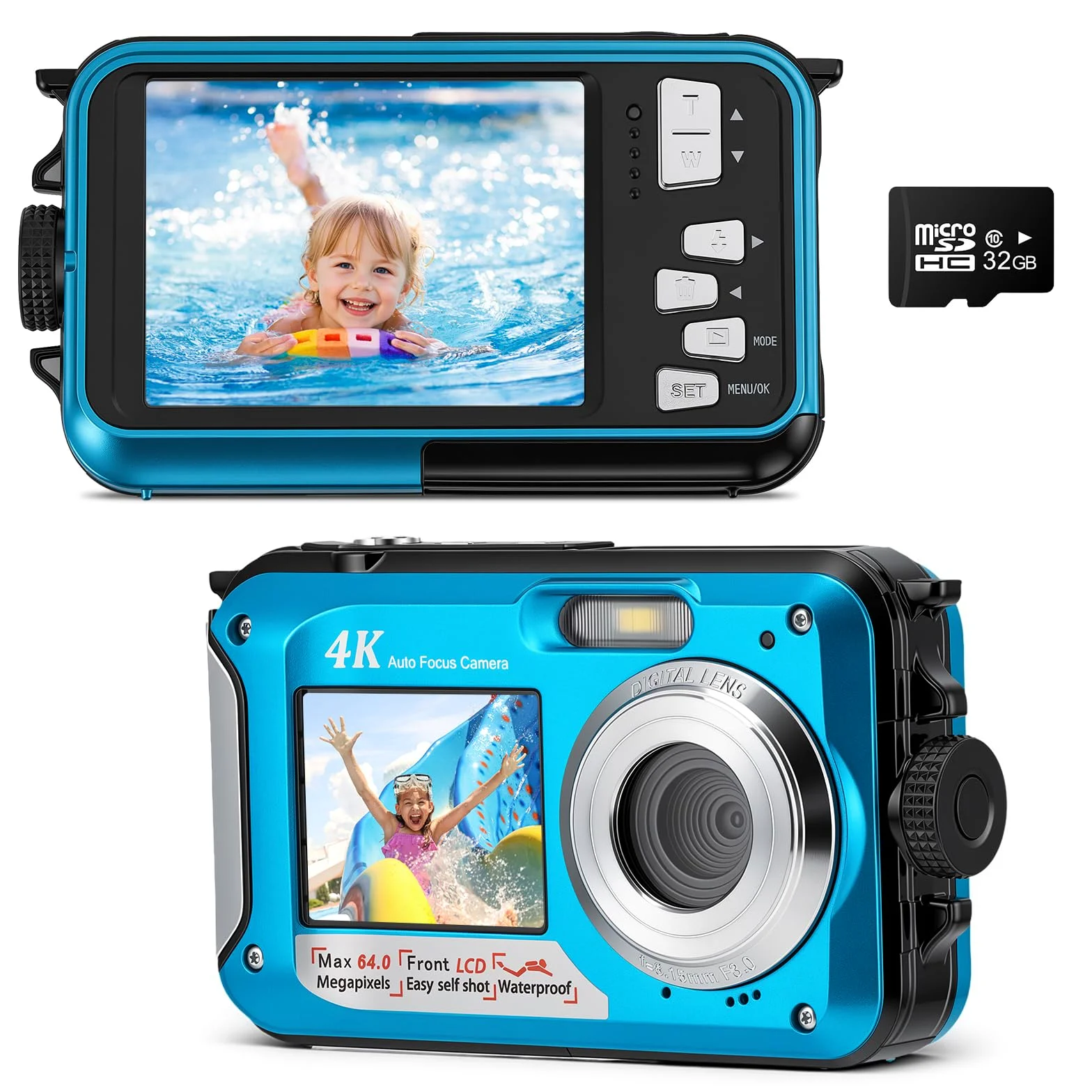 Unterwasserkamera 64MP mit Autofokus & 4K Video, IP68 Wasserdicht Kamera bis 16FT, Digitalkamera mit 32GB Karte, Duales Display, 16X Zoom für Schnorcheln, Blau