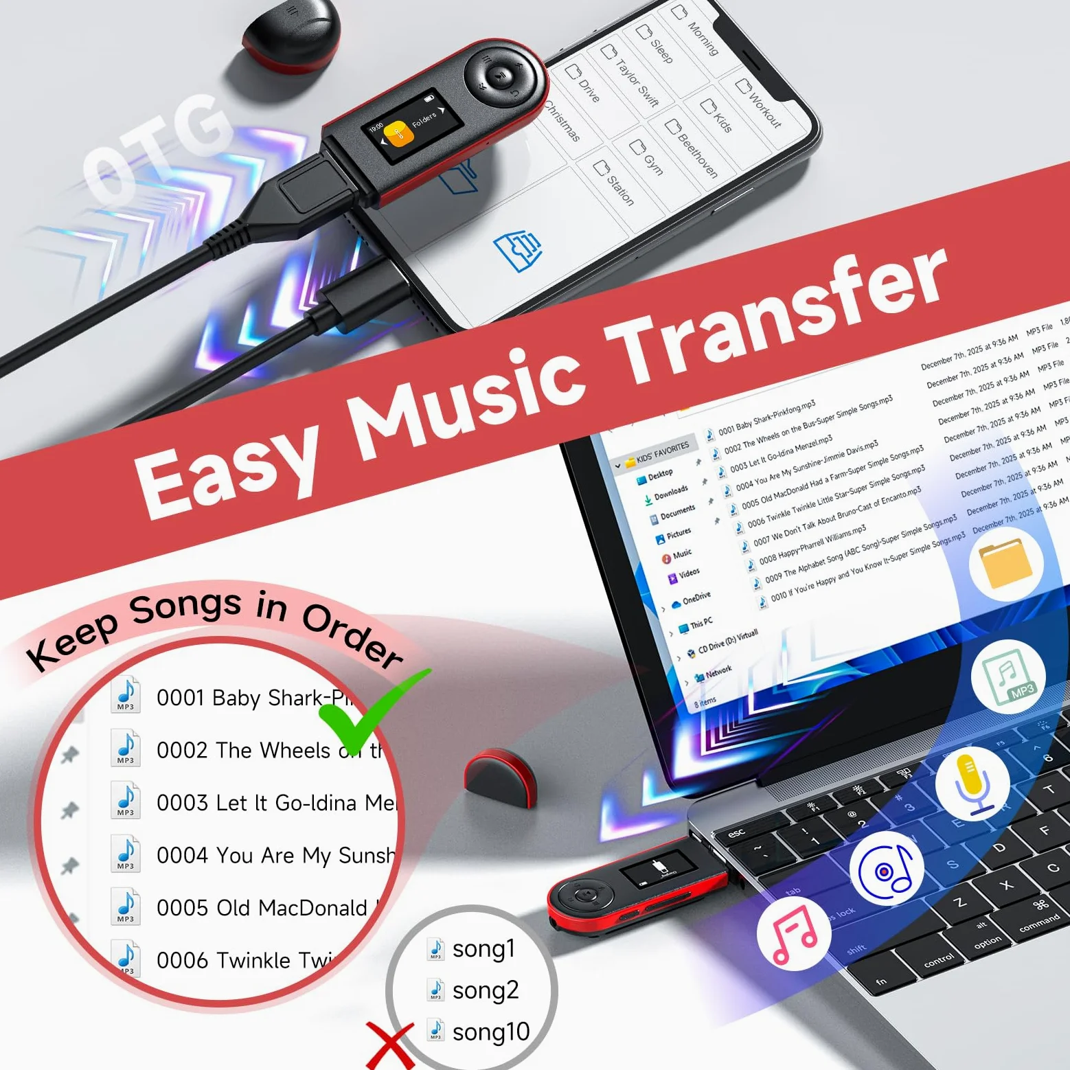 64GB MP3 Player mit Bluetooth 5.3, USB Plug & Play, Nur 28g, Physische Tasten für Blindbedienung, Clip für Sport & Laufen, Ordnerwiedergabe, FM Radio, Sprachaufnahme