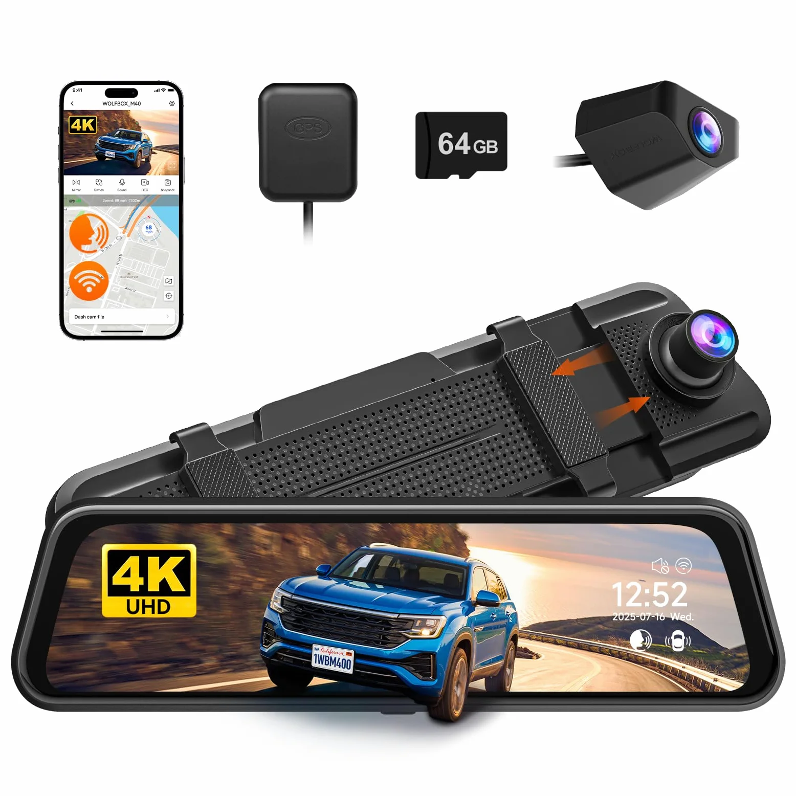 WOLFBOX M40 10” Rückfahrkamera Spiegel, 4K+1080P Dashcam Auto Vorne Hinten | Rückspiegel Kamera mit ADAS/BSD, Sprachsteuerung, Nachtsicht, Touchscreen, Integriertem Wi-Fi, Inklusive 64GB Karte & GPS
