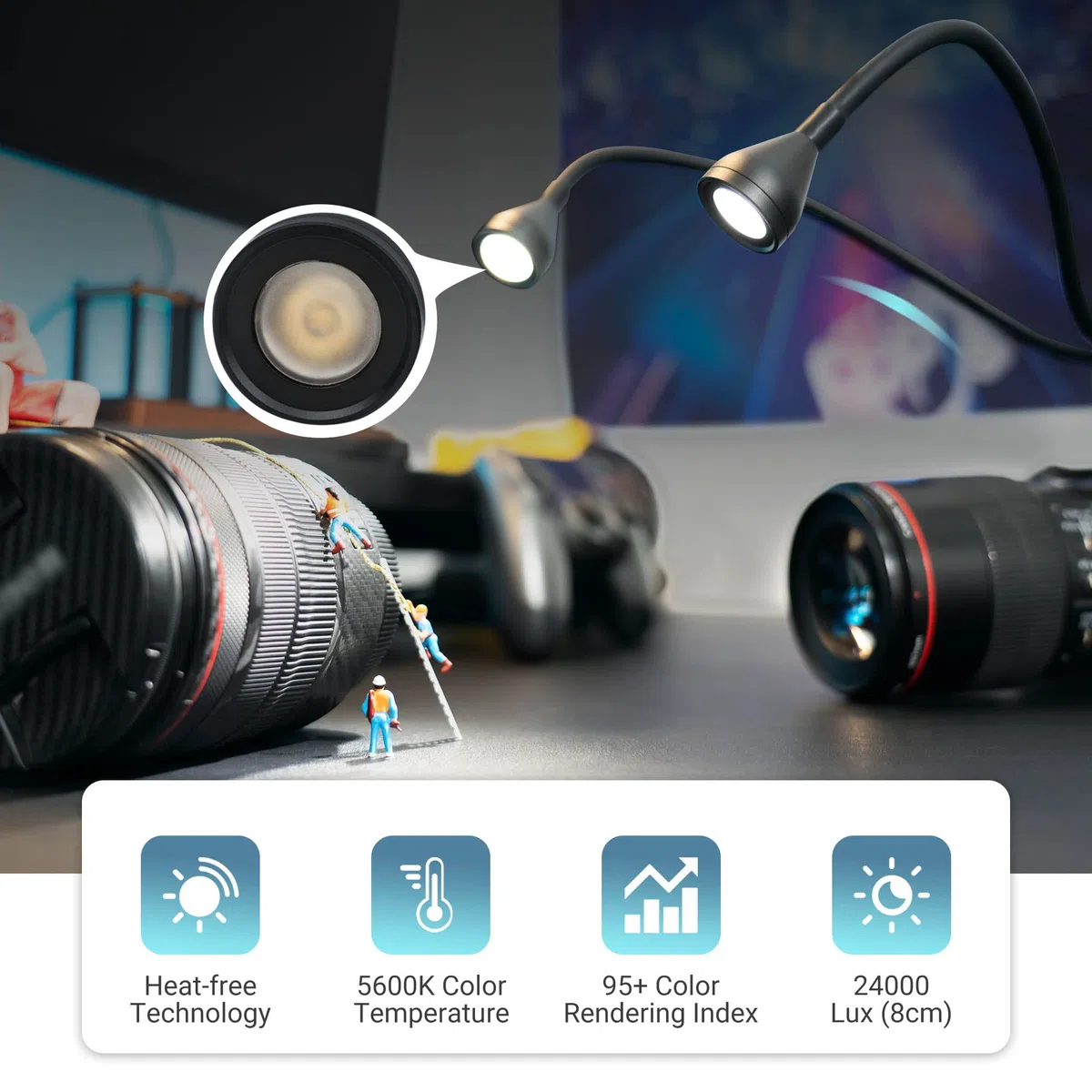 JJC Makro Arm Licht, LED Kamera Licht mit Integriertem Akku, 5600K 24000Lux 10 Stufen einstellbare Helligkeit Beleuchtung Cold Shoe Mount 1/4 Schraube Lampe passt Close-up Fotografie