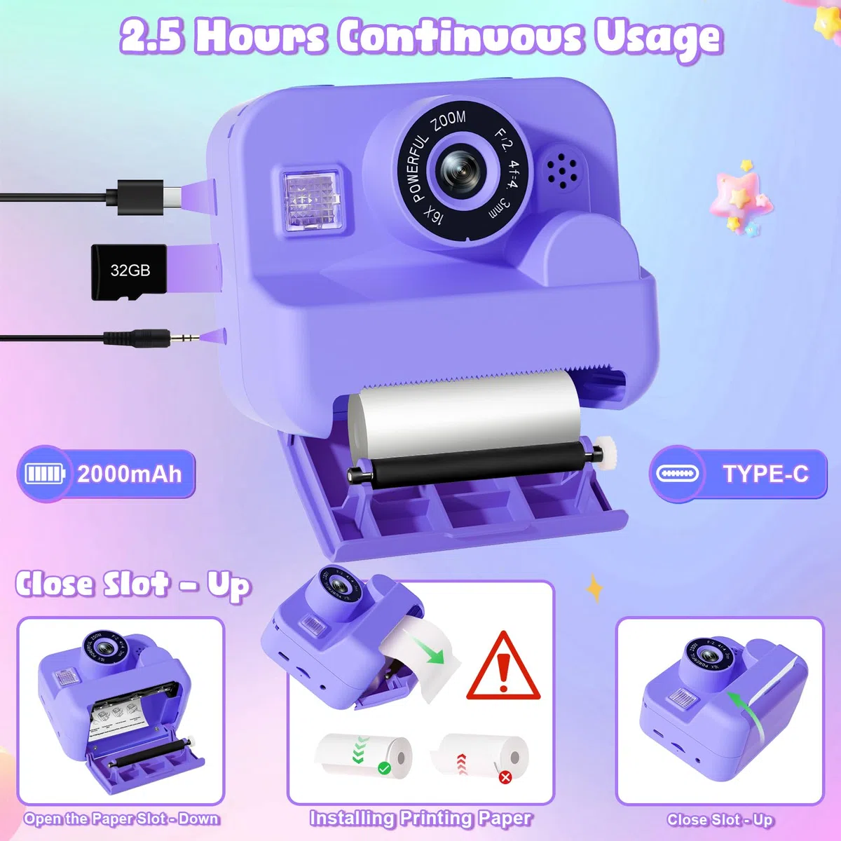 GKTZ Sofortbildkamera für Kinder 1080P mit 3 Rollen Fotopapier (Purple)