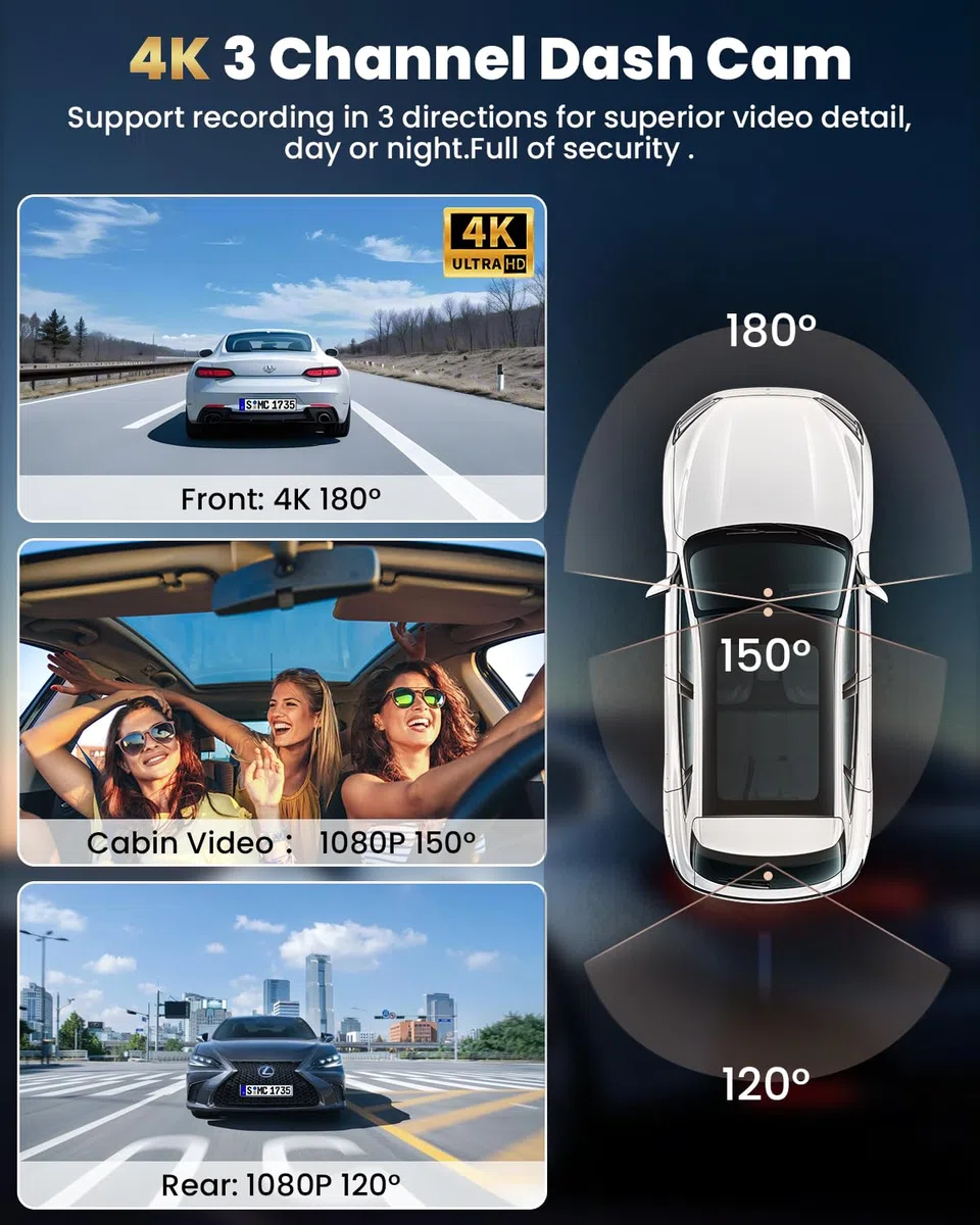 3-Kanal 4K dashcam Auto und Rückfahrkamera, kabellose 4K-Dashcam für Autos, 4K+1080P+1080P Auflösung, integriertes Wi-Fi & App, G-Sensor, Nachtsicht, inkl. 64GB SD-Karte