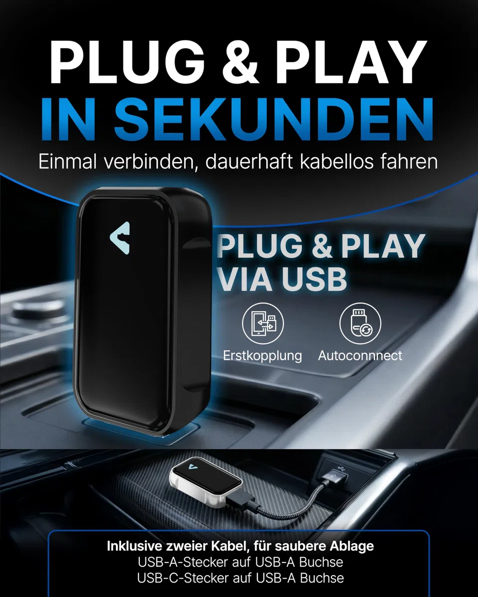 Carplay Wireless Adapter & Android Wireless Adapter fürs Auto – USB-A Plug & Play Nachrüstadapter, Upgrade auf kabelloses Apple CarPlay & Android Auto (Black)