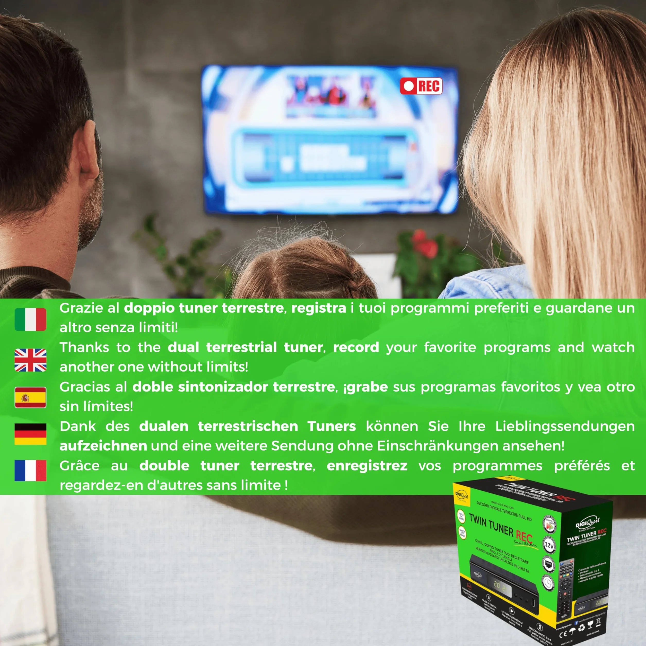 Digiquest Twin Tuner Rec Digitaler terrestrischer Receiver, DVB-T2, Full HD, Small Edition, Videorekorder, Schwarz