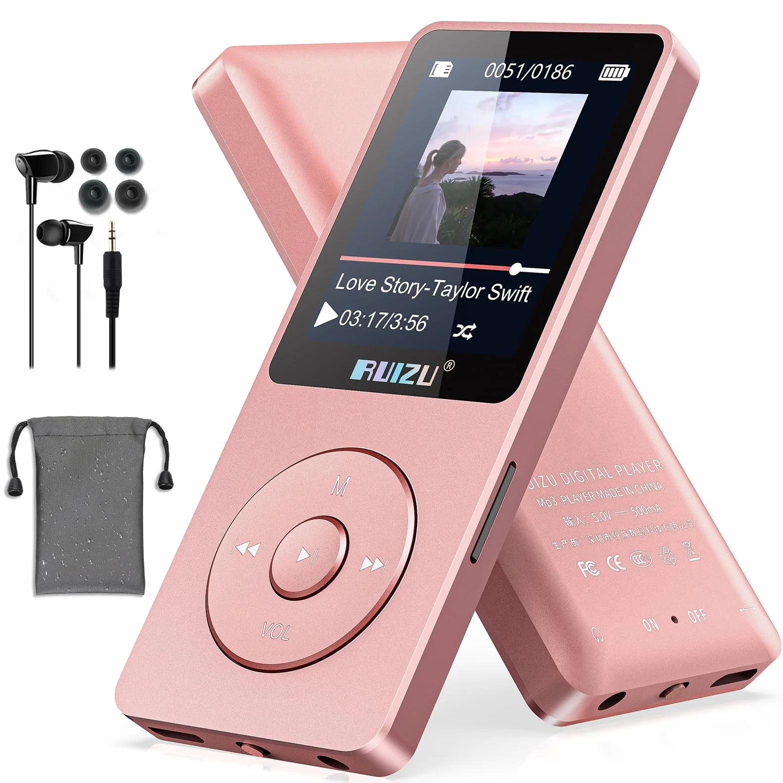 RUIZU 32GB MP3 Player with Bluetooth 5.3, 1.8" Screen Portable Music Player, FM Radio, Voice Recording,80H Digital Audio Video Playback,Support 128GB，Rosagold
