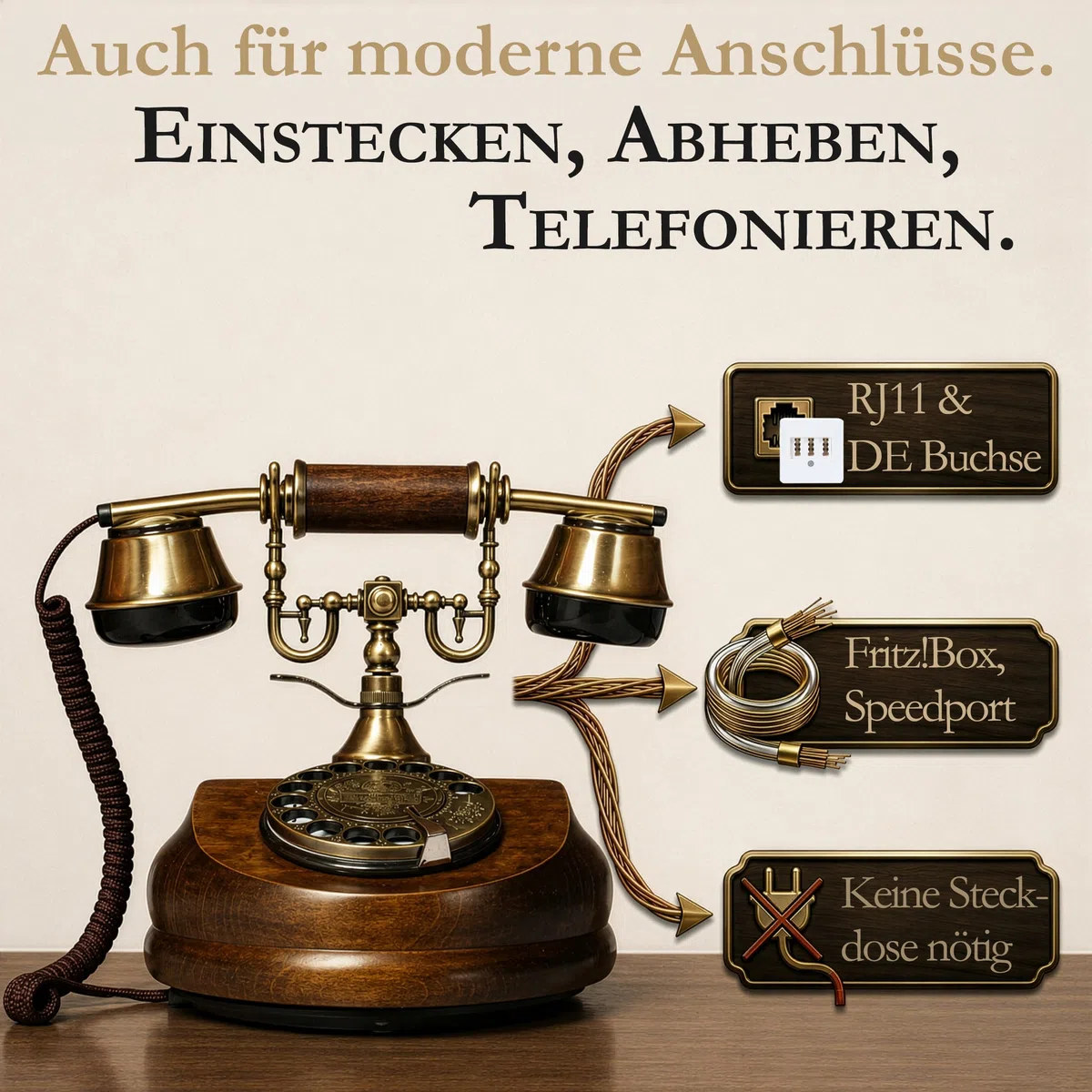 Opis Technology 1921 Cable Modell A — Retro Festnetztelefon aus Holz, Wählscheibentelefon mit Echter Metallklingel, Nostalgie Tischtelefon (Schnurgebunden, Ohne Bluetooth)