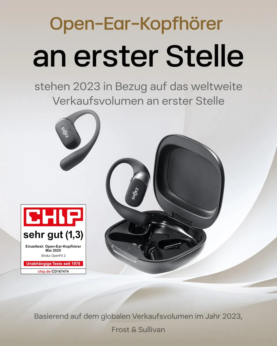 SHOKZ OpenFit 2 Open-Ear-Kopfhörer, True-Wireless-Bluetooth-Ohrhörer mit Mikrofon, Ohrbügel-Open-Ear Headphones mit 48 Stunden Wiedergabezeit, Schnellladung, IP55 Wasserfest, mit Tragetasche, Schwarz