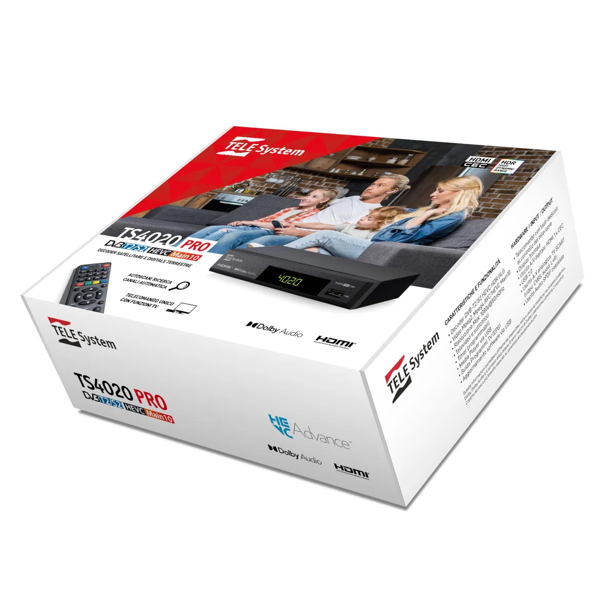 Tele System 2024 TS4020 PRO Digitaler terrestrischer und Satelliten-Decoder, DVB-T/T2 und DVB-S/S2 HEVC HD HDR10 HLG, Einzelfernbedienung