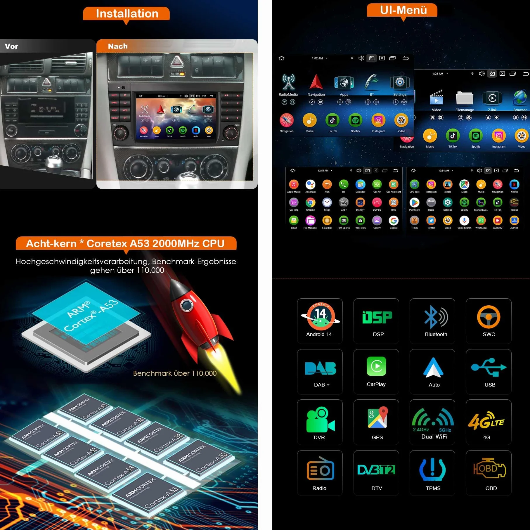 Erisin 8-Kern 4GB+64GB Android 16 Autoradio GPS Navi für Mercedes Benz C-Klasse W203 CLC Klasse W203 C180 G-Klasse W463 Unterstützt Bluetooth 7 Zoll Touchscreen CarPlay Android Auto DAB+ WiFi Canbus